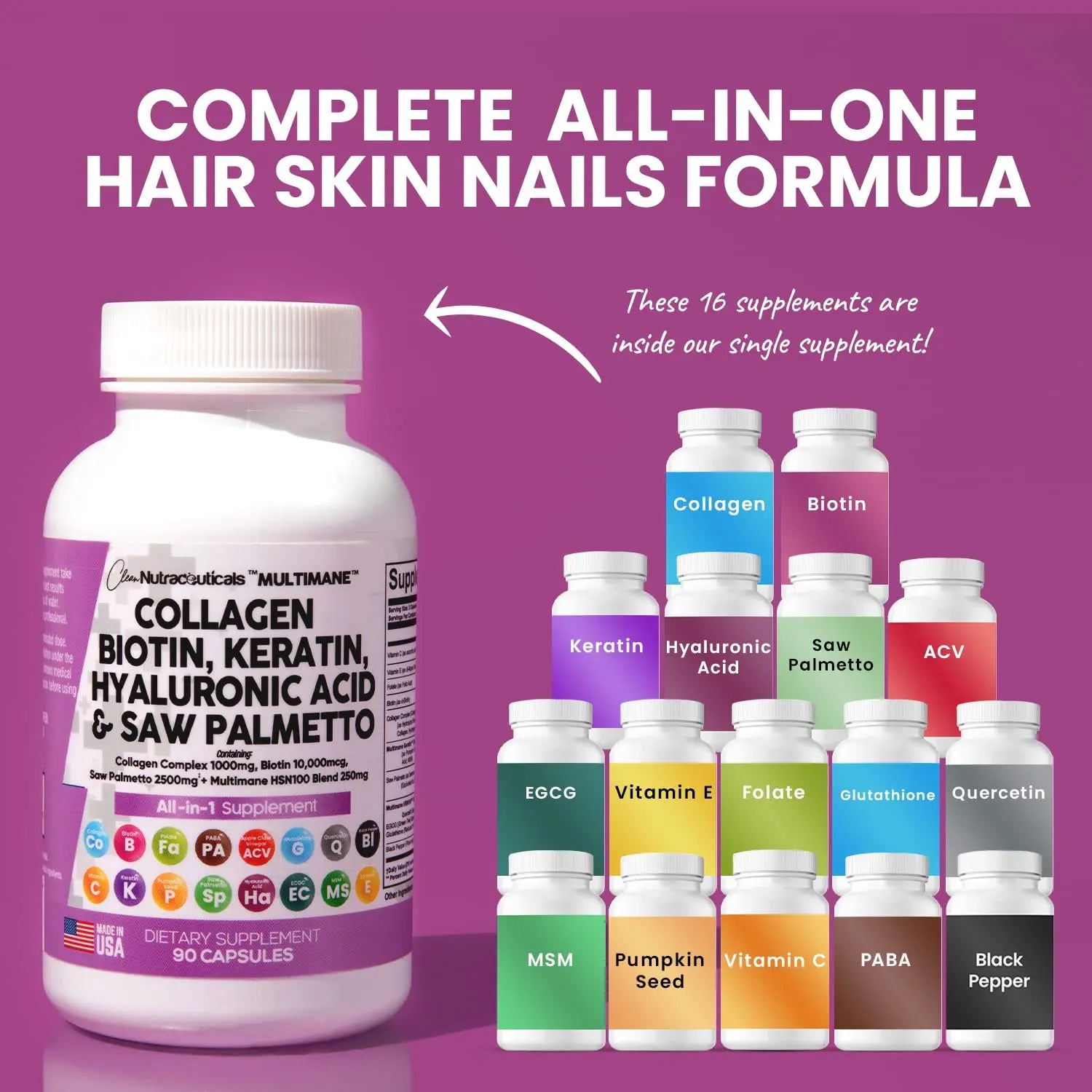 Collagen Pills 1000mg Biotin 10000mcg Keratin Saw Palmetto 2500mg 90 Ct Clean Nutraceuticals Au supplements