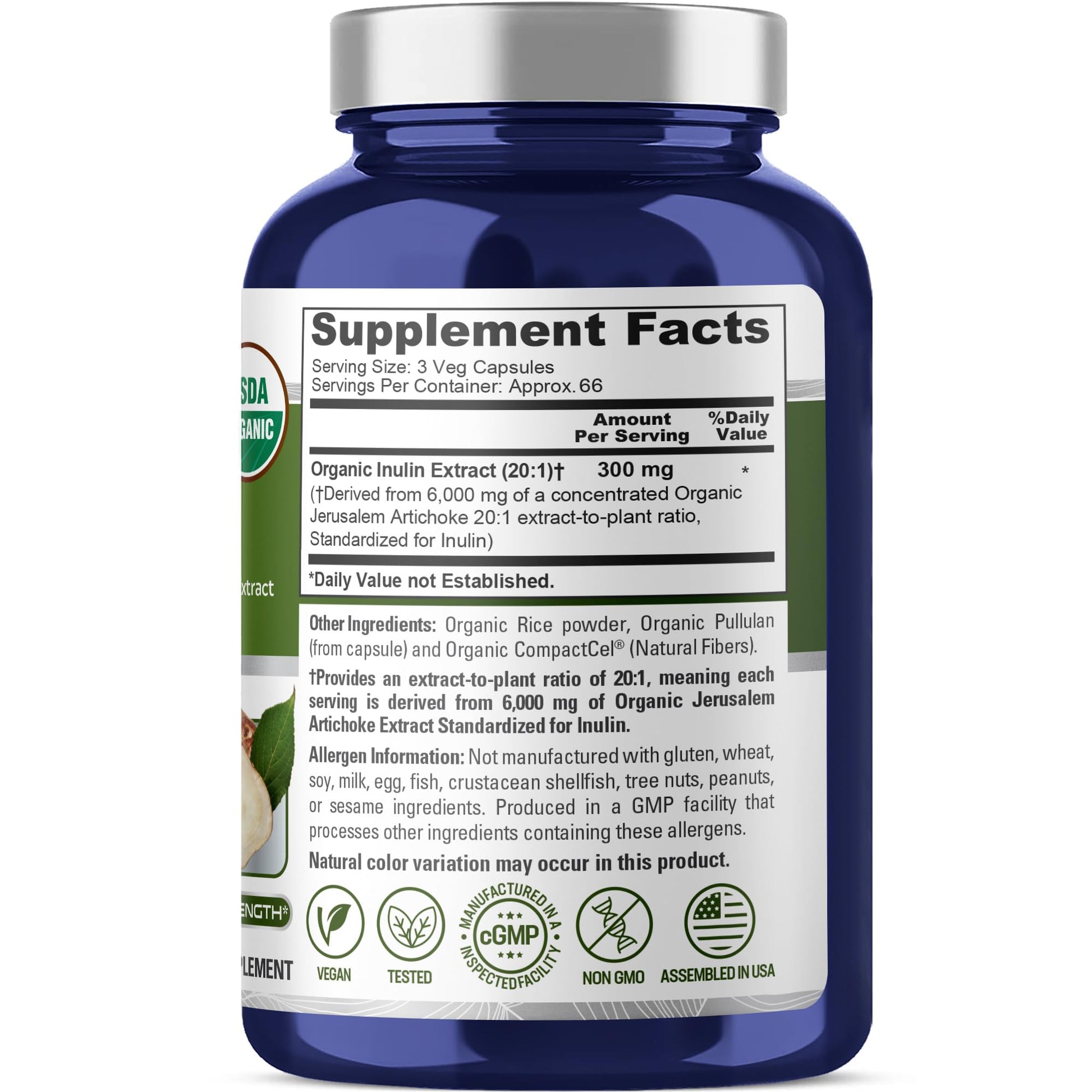 NusaPure Inulin Powder 20:1 Extract, 300 mg Equivalent to 6,000mg | 200 Veg Capsules |USDA Organic Suitable for Vegetarians, Vegan, Non-GMO Supplement NusaPure Au supplements