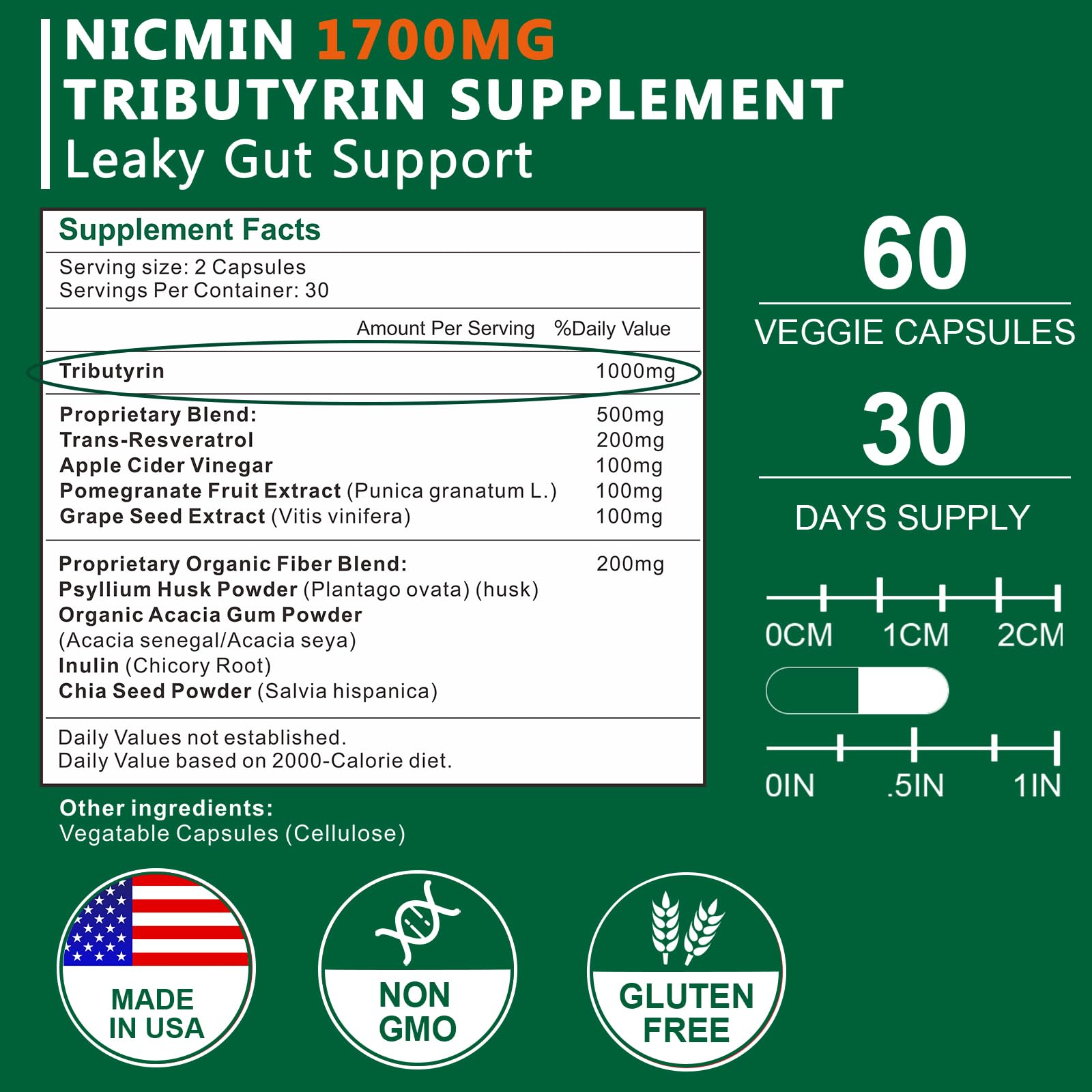 NICMIN Tributyrin Supplement - Premium Butyrate Gut Health Supplement for Leaky Gut 60 Capsules NICMIN Au supplements