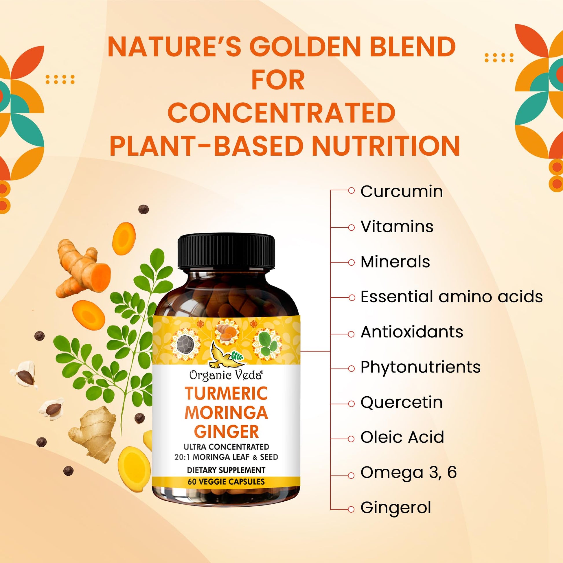Organic Veda Turmeric Moringa Ginger Capsules - Super Antioxidants & Curcumin Supplement with 20:1 Moringa Leaf & Seed Extract, Black Pepper - Energy, Joints, Heart Health Support - 60 Vegan Pills Organic Veda Au supplements