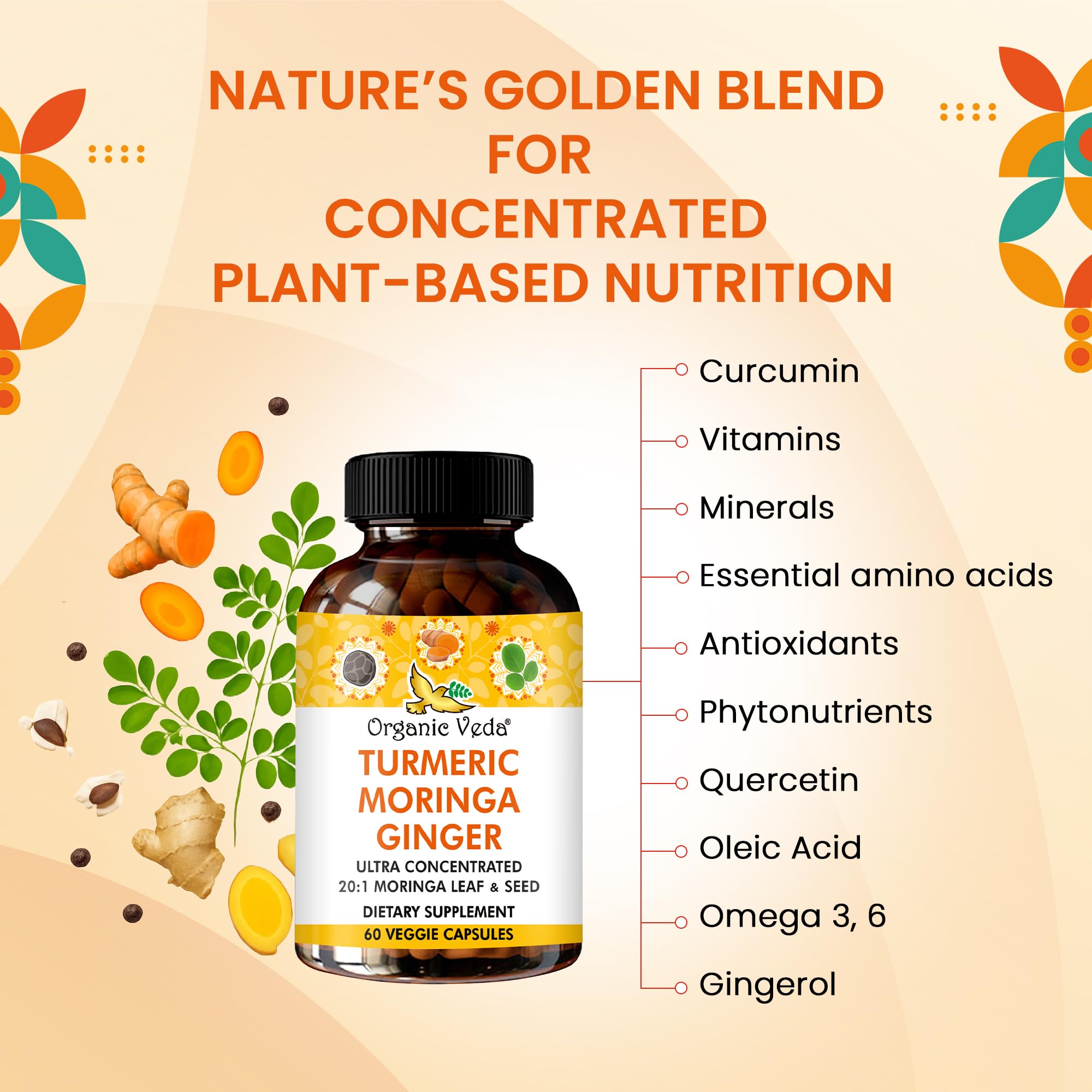 Organic Veda Turmeric Moringa Ginger Capsules - Super Antioxidants & Curcumin Supplement with 20:1 Moringa Leaf & Seed Extract, Black Pepper - Energy, Joints, Heart Health Support - 60 Vegan Pills Organic Veda Au supplements