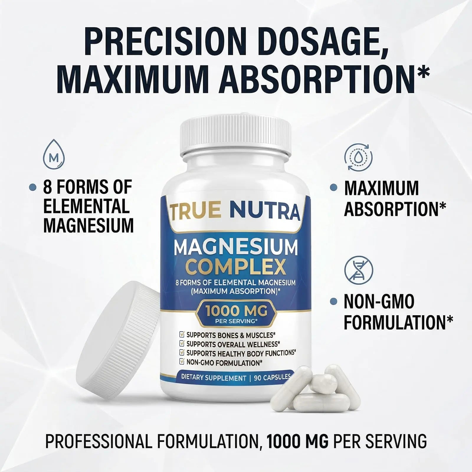 True nutra Magnesium Complex，Advanced 8-in-1 Magnesium Blend，Glycinate, Citrate, Malate, Taurate etc，High Formula，90 Capsules true nutra Au supplements