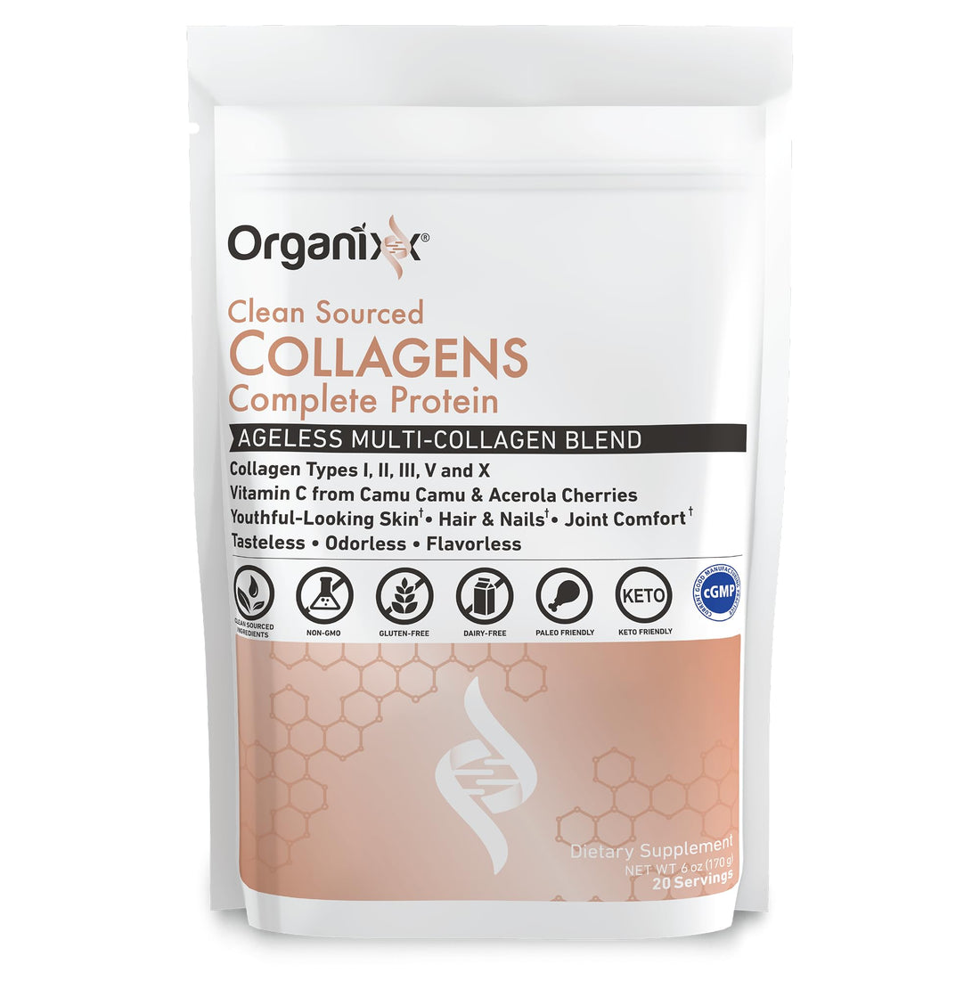 Organixx Clean Sourced Collagen Peptides Powder with Vitamin C, Types I, II, III, V, X Hydrolyzed Collagen, Hair, Nail, Skin, Bone & Joint Health, Aging Support, Gluten Free, Unflavored, 20 Servings Organixx Au supplements