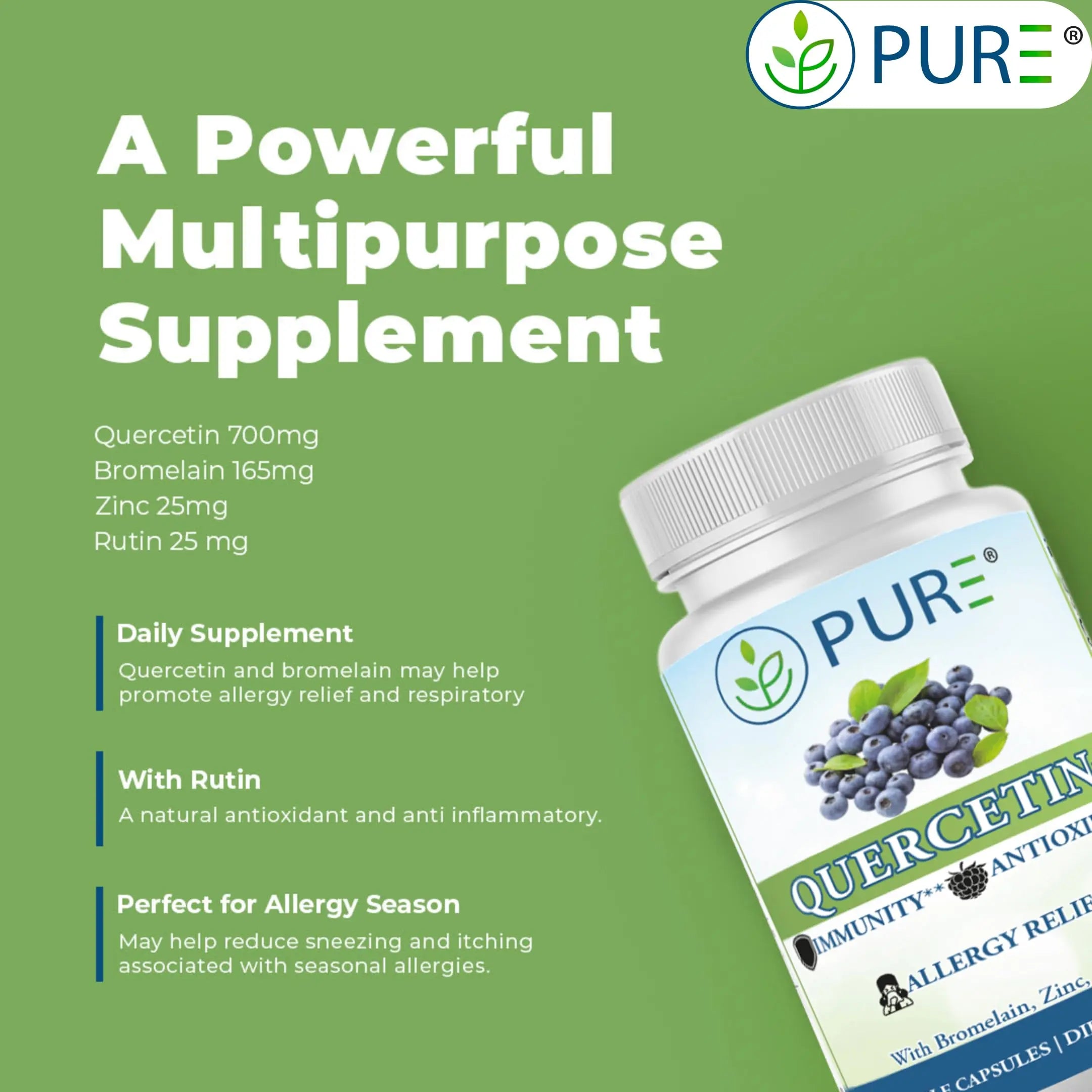 PURE® Quercetin+ with Zinc, Bromelain, Rutin Immune Shield - 60 Capsules - High Bioavailability Antioxidant Complex for Respiratory Health & Viral Defense - Made in USA PURE Au supplements