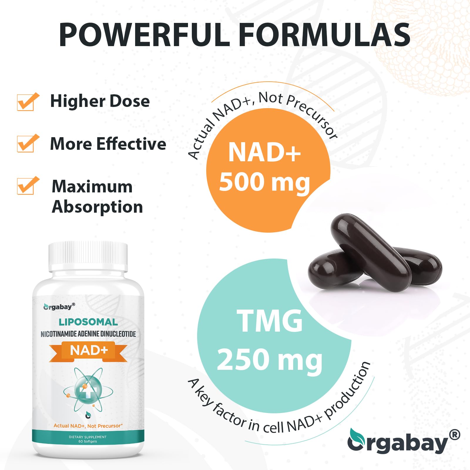 Orgabay Liposomal NAD+ Supplement 500 mg, High Absorption, Boost NAD+ with TMG 250 mg, Actual NAD Plus More Efficient Than Nicotinamide Riboside, Support Cellular Energy, Healthy Aging | 180 Softgels Orgabay Au supplements