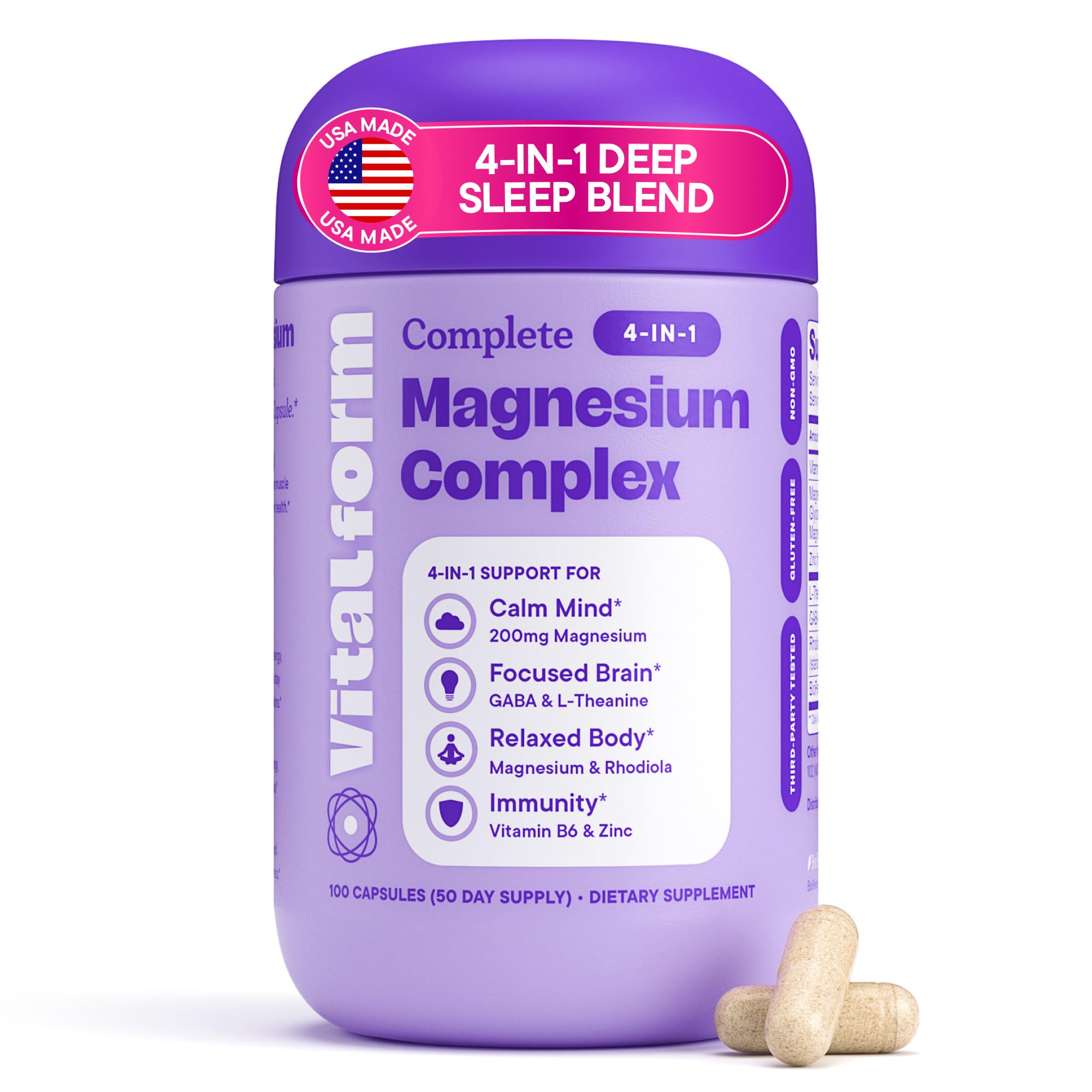VitalForm Magnesium Glycinate Sleep Complex – Non-Habit Forming Support with L-Theanine, GABA, Zinc & Rhodiola – Promotes Relaxation, Calm & Muscle Recovery – Non-Melatonin – 100 Capsules VitalForm Au supplements