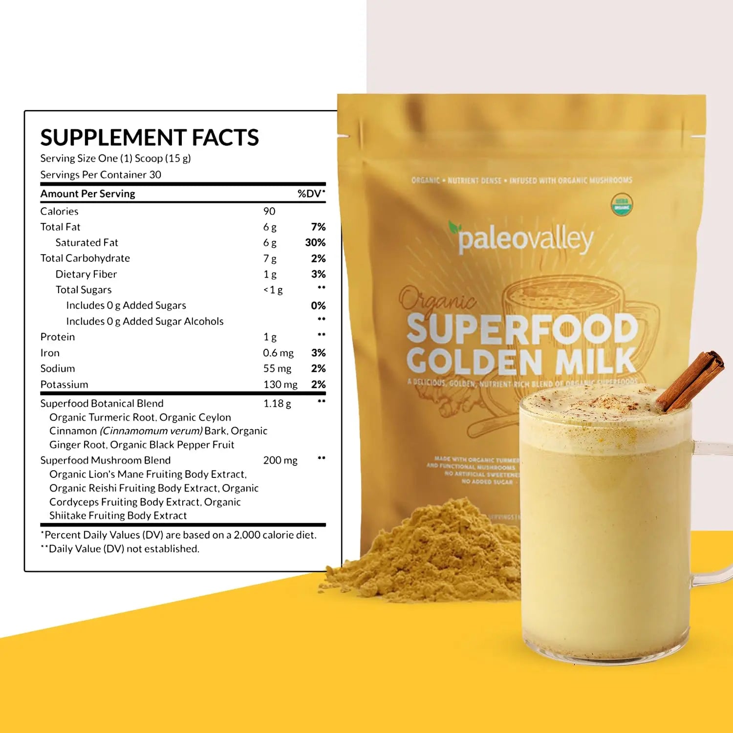 Paleovalley Organic Superfood Golden Milk - Immune, Focus, Cognitive, Longevity - Turmeric, MCT-Rich Coconut Milk, Functional Mushrooms, 30 Servings Paleovalley Au supplements