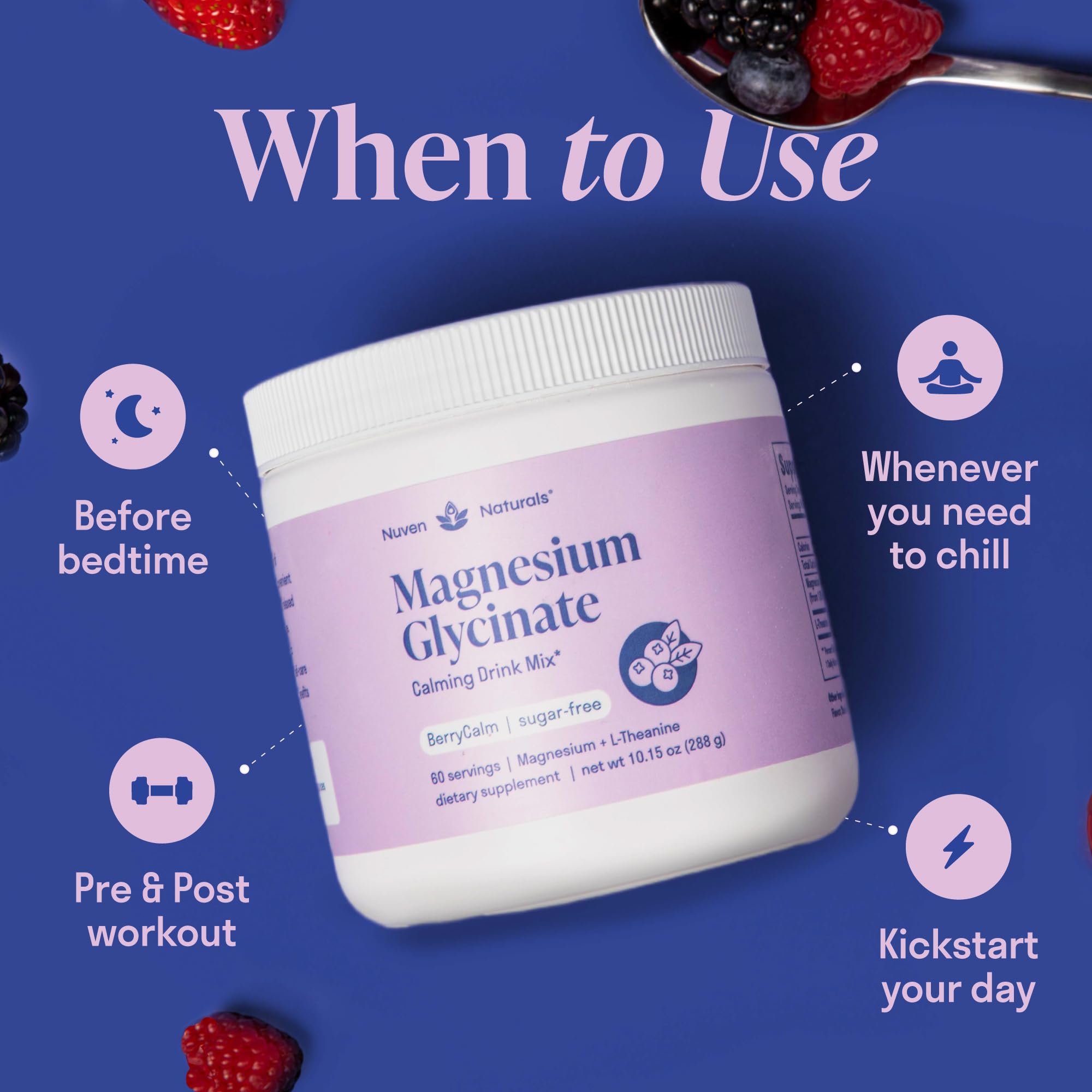 Magnesium Glycinate Powder + L-Theanine | 60 Servings | 300 mg per Scoop High Absorption Chelated Magnesium Powder for Sleep - Natural Mixed Berry Flavor, No Sugar, Support Restful Sleep & Relaxation Nuven Naturals Au supplements