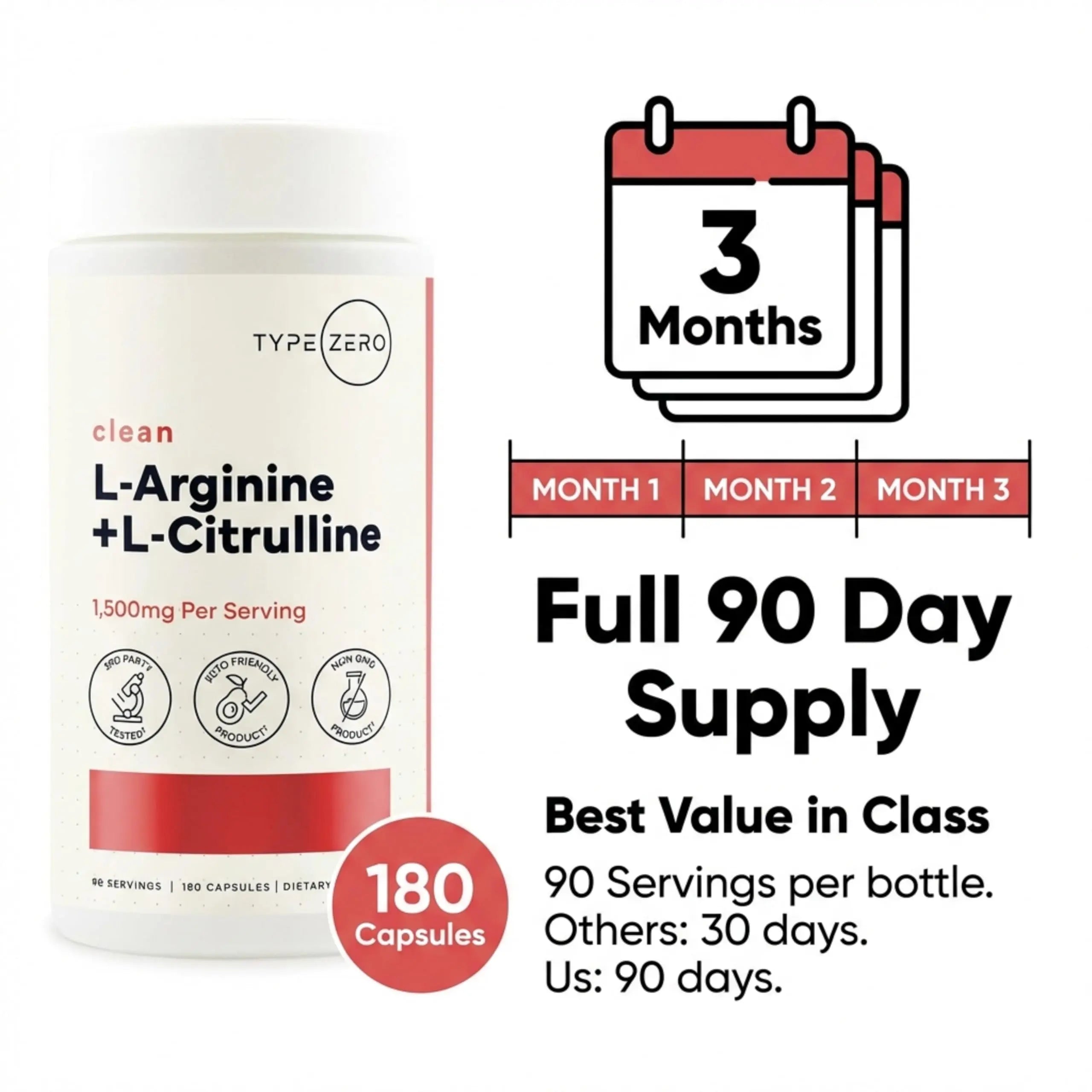 Type Zero L-Arginine + L-Citrulline Supplement (1500mg) - Nitric Oxide Booster - Clean, Keto-Friendly, GMO-Free, 180 Capsules, 90 Servings Type Zero Au supplements