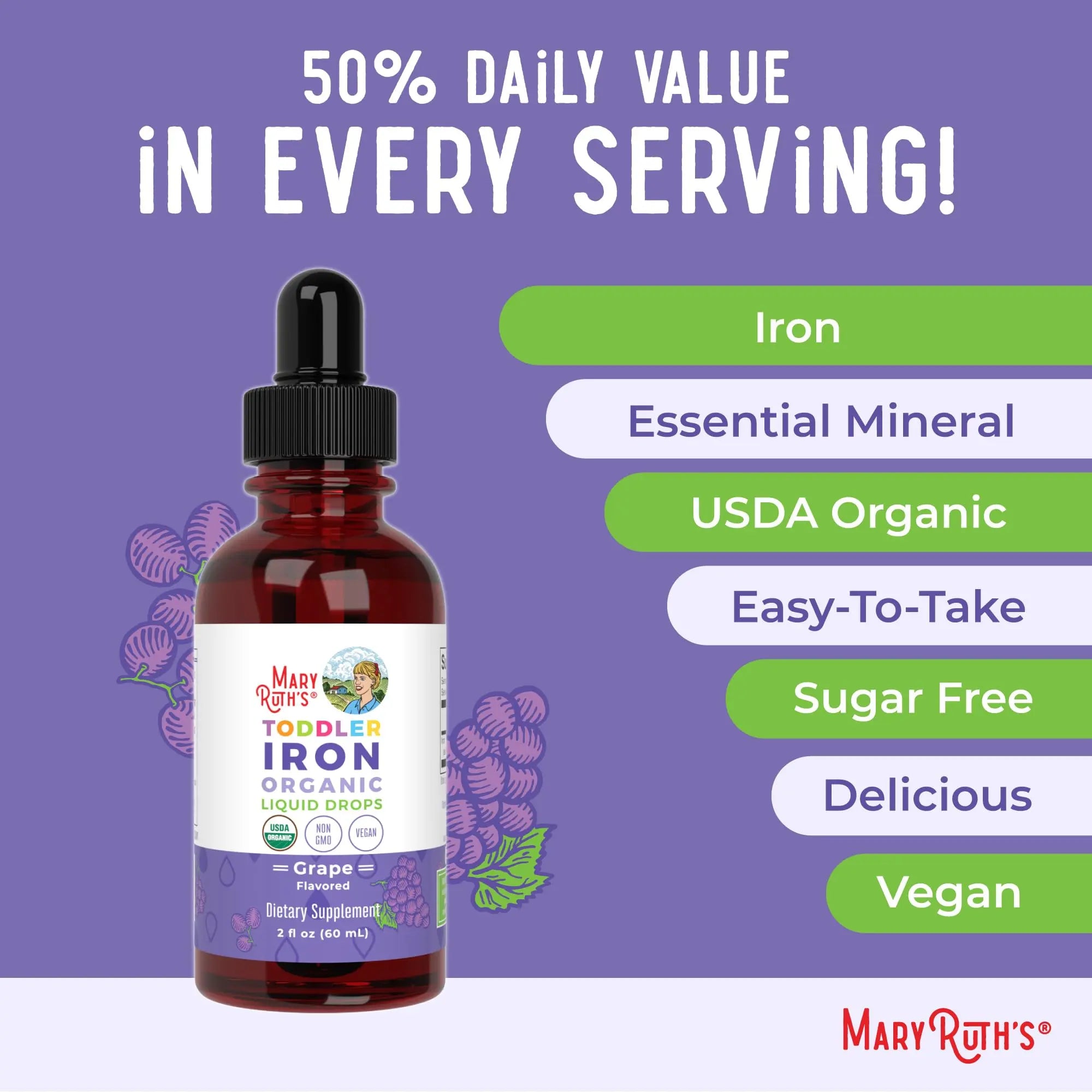 MaryRuth's Iron Supplement for Toddlers | Liquid Iron Supplement for Children Ages 1-3 | Iron Supplement for Iron Deficiency | Ferrochel | Sugar Free | Vegan | Non-GMO | Gluten Free | 2 Fl Oz MARYRUTH'S Au supplements