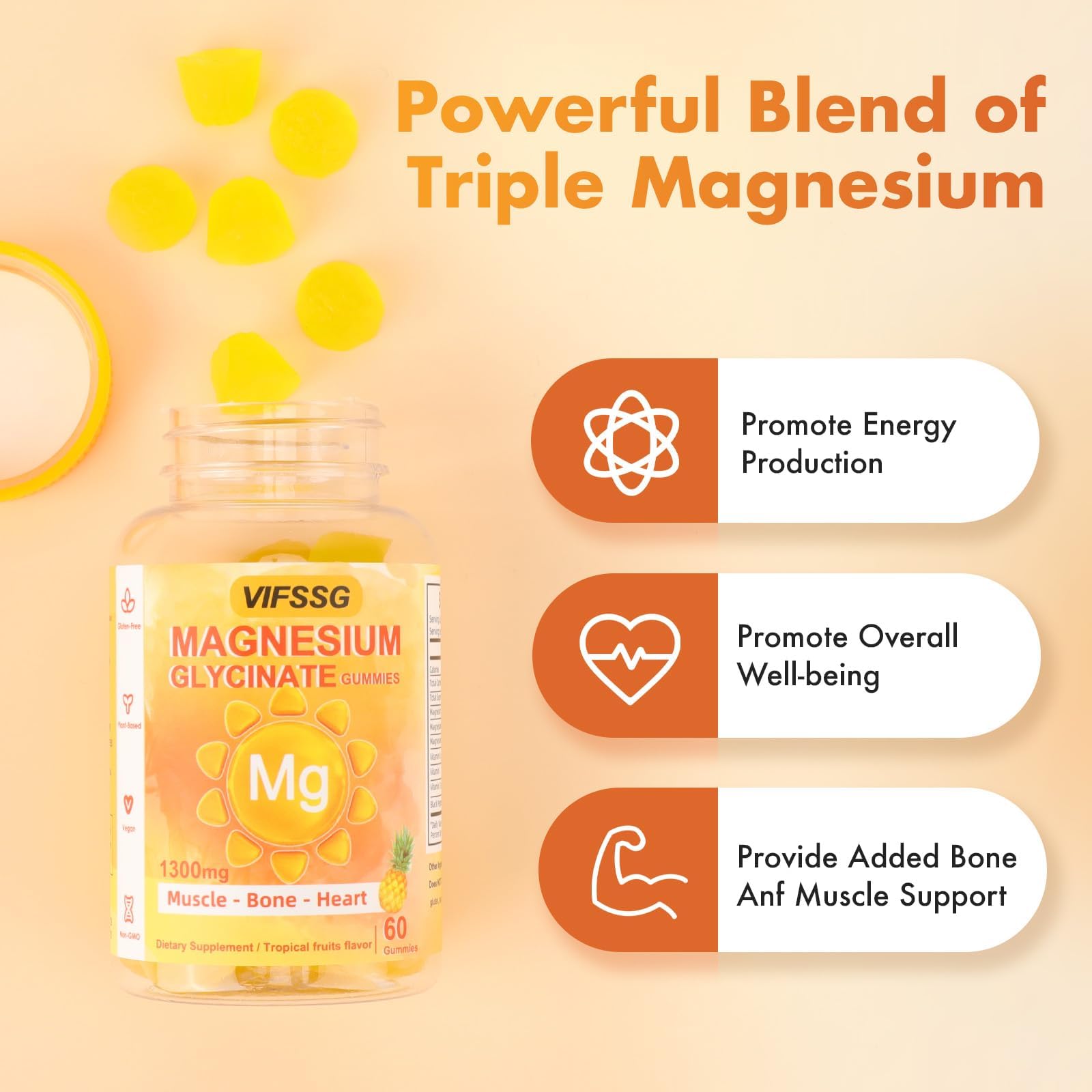 VIFSSG Magnesium Glycinate Gummies 500 Mg, Triple Magnesium Complex Sugar-Free Gummies with Malate 400 Mg, Citrate 400 Mg, Magnesium Supplement Chewable