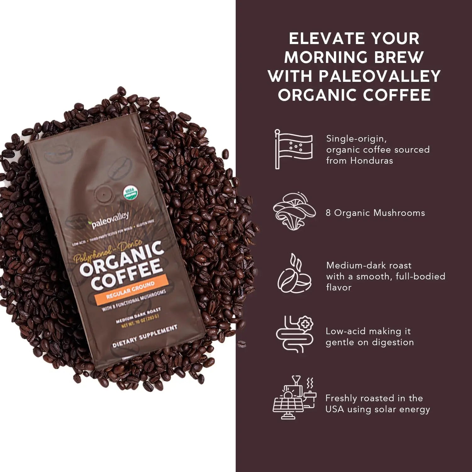 Paleovalley Organic Ground Coffee, 10oz - Regular, Low Acid, Single-Origin, Polyphenol-Rich, Infused with Mushrooms Paleovalley Au supplements