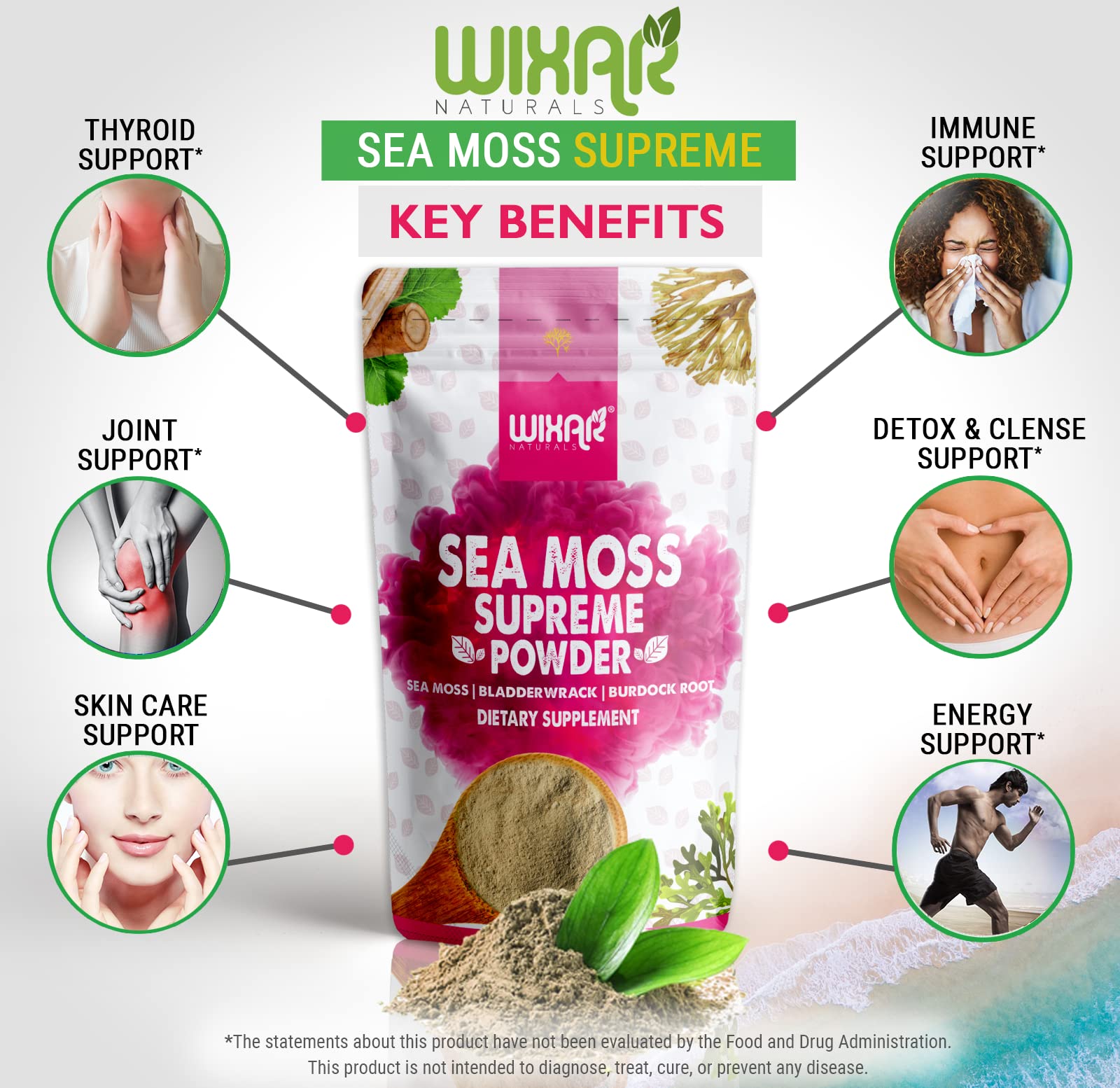 Wixar Wildcrafted Sea Moss Powder – (8 Ounces) – Natural Irish Sea Moss and Bladderwrack with Burdock Powder - Thyroid Support, Healthy Skin, Keto Detox, Joint Support Alkaline Supplements WIXAR NATURALS Au supplements