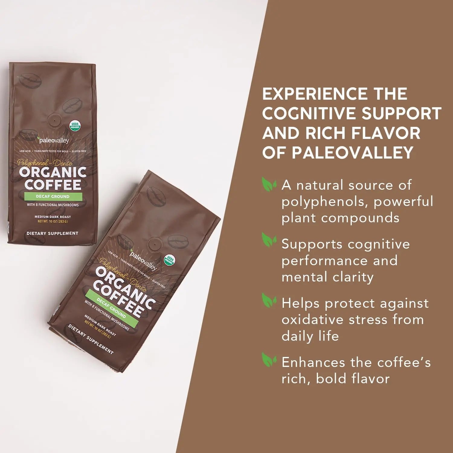 Paleovalley Organic Ground Coffee, 10oz - Decaf, Low Acid, Single-Origin, Polyphenol-Rich, Infused with Mushrooms Paleovalley Au supplements