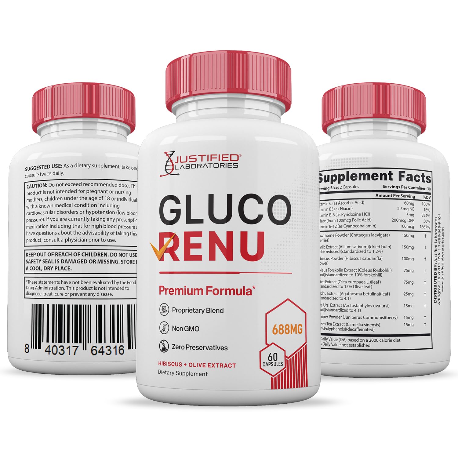Gluco Renu 688MG Glyco Support Pills Premium Formula Gluo Renew Glycogen Support Formulated Hawthrone Hibiscus Garlic Junpier Powder Olive Forskolin Green Tea Extract 60 Capsules Justified Laboratories Au supplements
