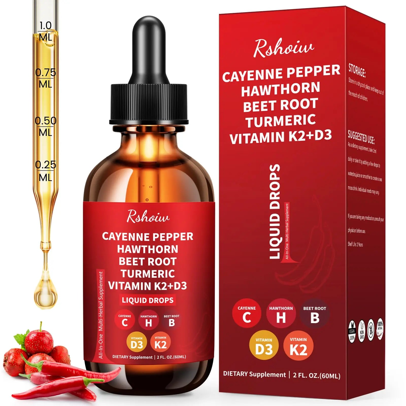 Cayenne Pepper Drops Supplement Liquid with Hawthorn Berry, Vitamin D3 K2, Turmeric Curcumin, Beet Root, Ceylon Cinnamon Vegan- Friendly - 60ml Rshoiw Au supplements