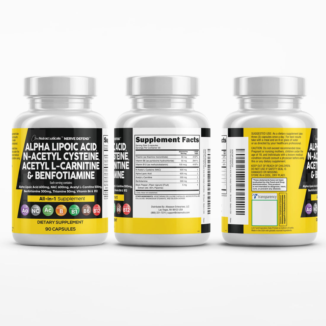 Alpha Lipoic Acid 600mg N-Acetyl Cysteine 600mg Acetyl L-Carnitine 500mg Benfotiamine 300mg - Nerve Support Supplement for Women and Men with Vitamin B1 B6 & B12 - Made in USA 90 Caps Clean Nutraceuticals Au supplements