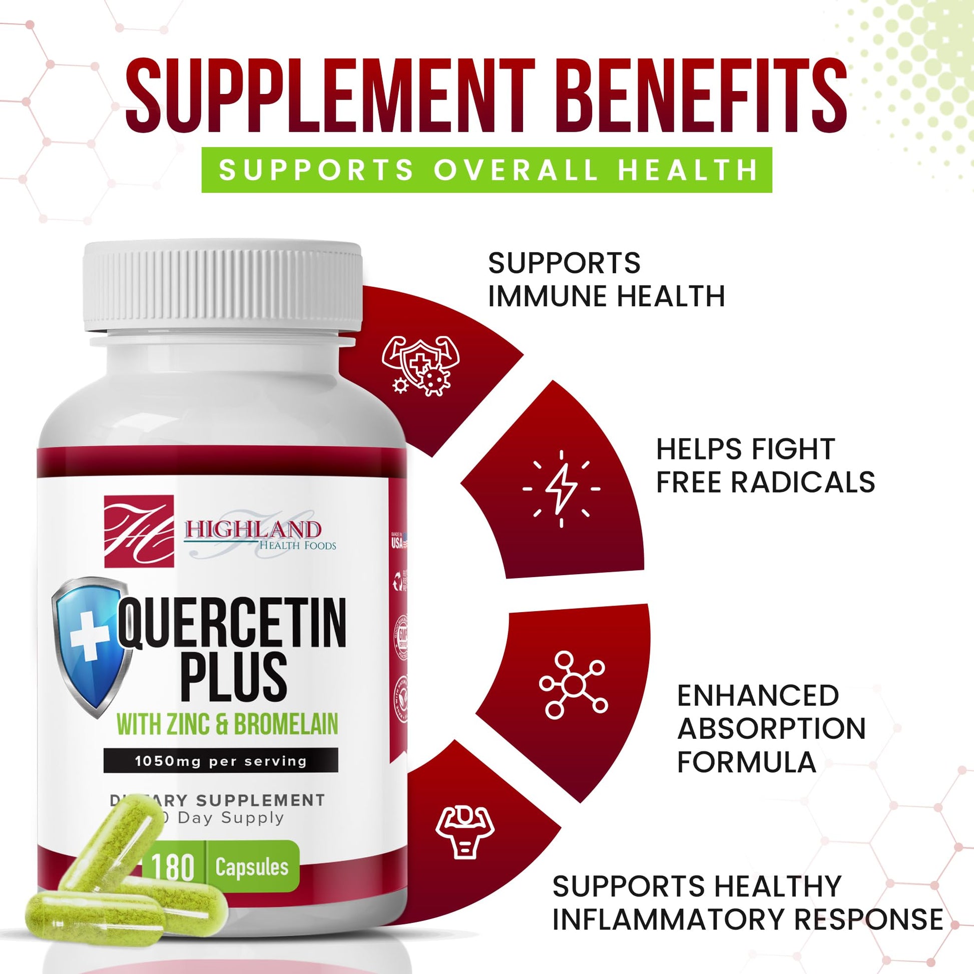Highland Health Foods Quercetin Plus Bromelain and Zinc 180 Capsules - Immune Support Supplement for Adults, Teens, Seniors - Quercetin with Bromelain for Immune Support Highland Health Foods Au supplements