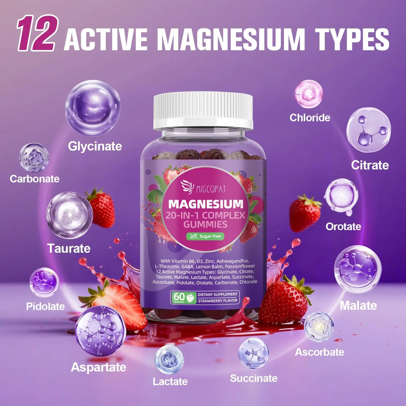 Migcopat Magnesium Complex Gummies, 20 in 1 Magnesium Gummy with Glycinate Citrate Malate Taurate - Ashwagandha, L-Theanine, D3&Zinc for Relaxation, Sleep, Muscle&Heart Support, Strawberry, 60 Cts Migcopat Au supplements