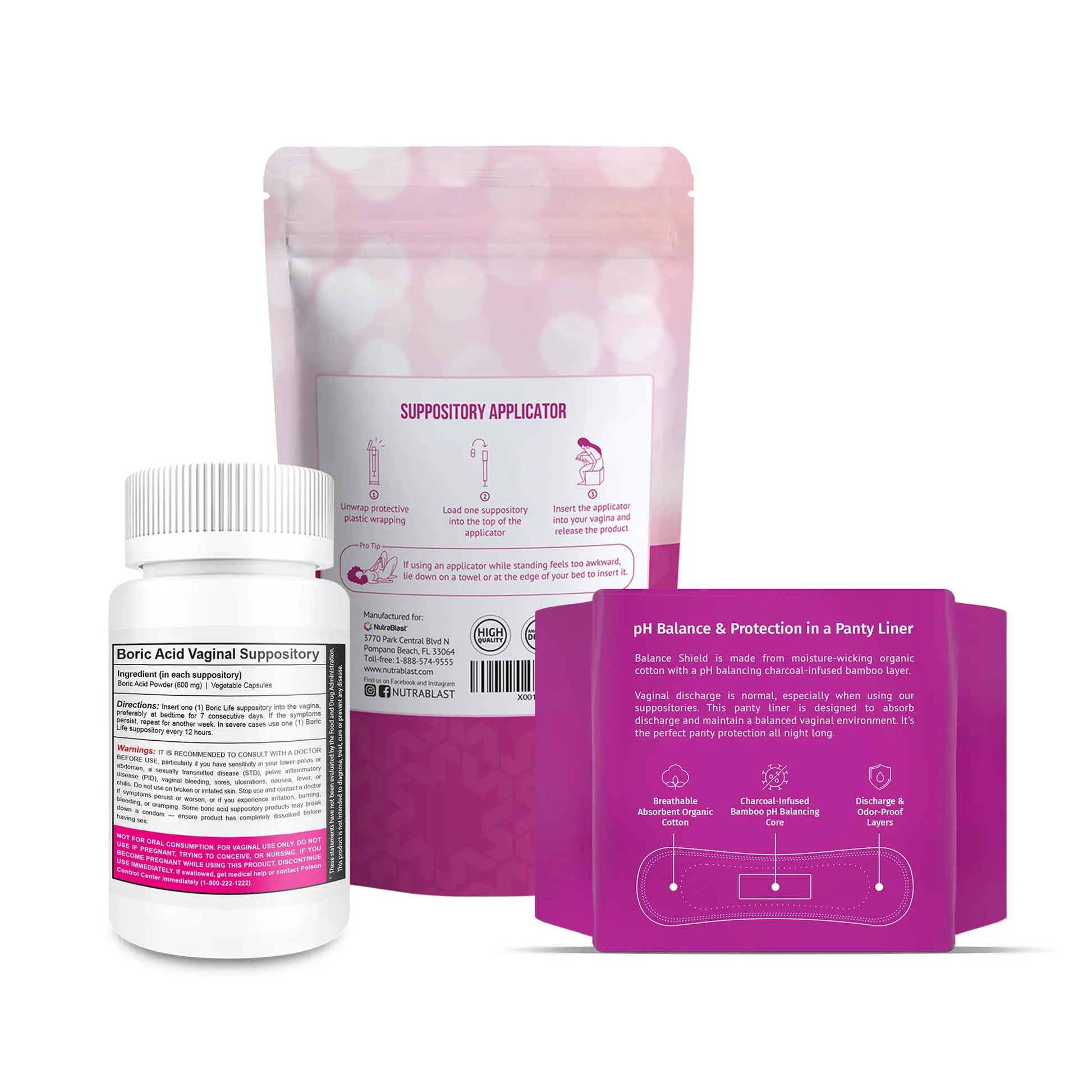 NutraBlast Boric Acid Suppositories 600mg (30 Count) Bundle with Disposable Applicators (15-Pack) and Balance Shield Panty Liners (180mm, 20-Pack) NutraBlast Au supplements