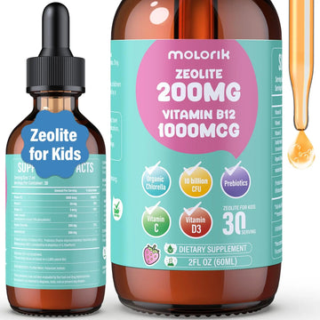 Zeolite Detox for Kids and Adults, 200mg Zeolite Liquid Drops with 1000mcg Vitamin B12, Organic Chlorella, 10 billion CFU & Prebiotics for Gut Support & Speech, Immune, Bone, Energy*, Strawberry, 60ML molorik pure Au supplements