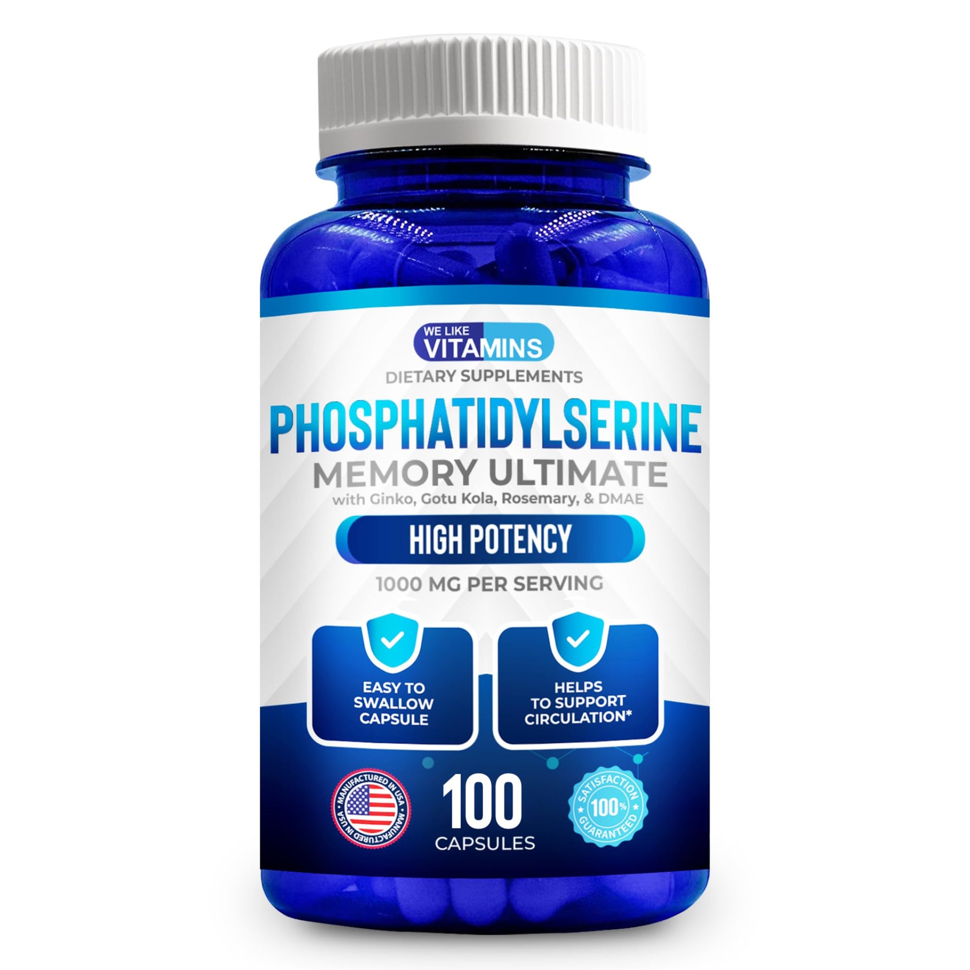 We Like Vitamins Phosphatidylserine Supplement with Gingko Biloba, Gotu Kola, DMAE - Improves Focus, Memory, Cognitive Function - Soy-Free 1000mg Memory Ultimate Complex - 100 Easy-to-Swallow Capsules We Like Vitamins Au supplements