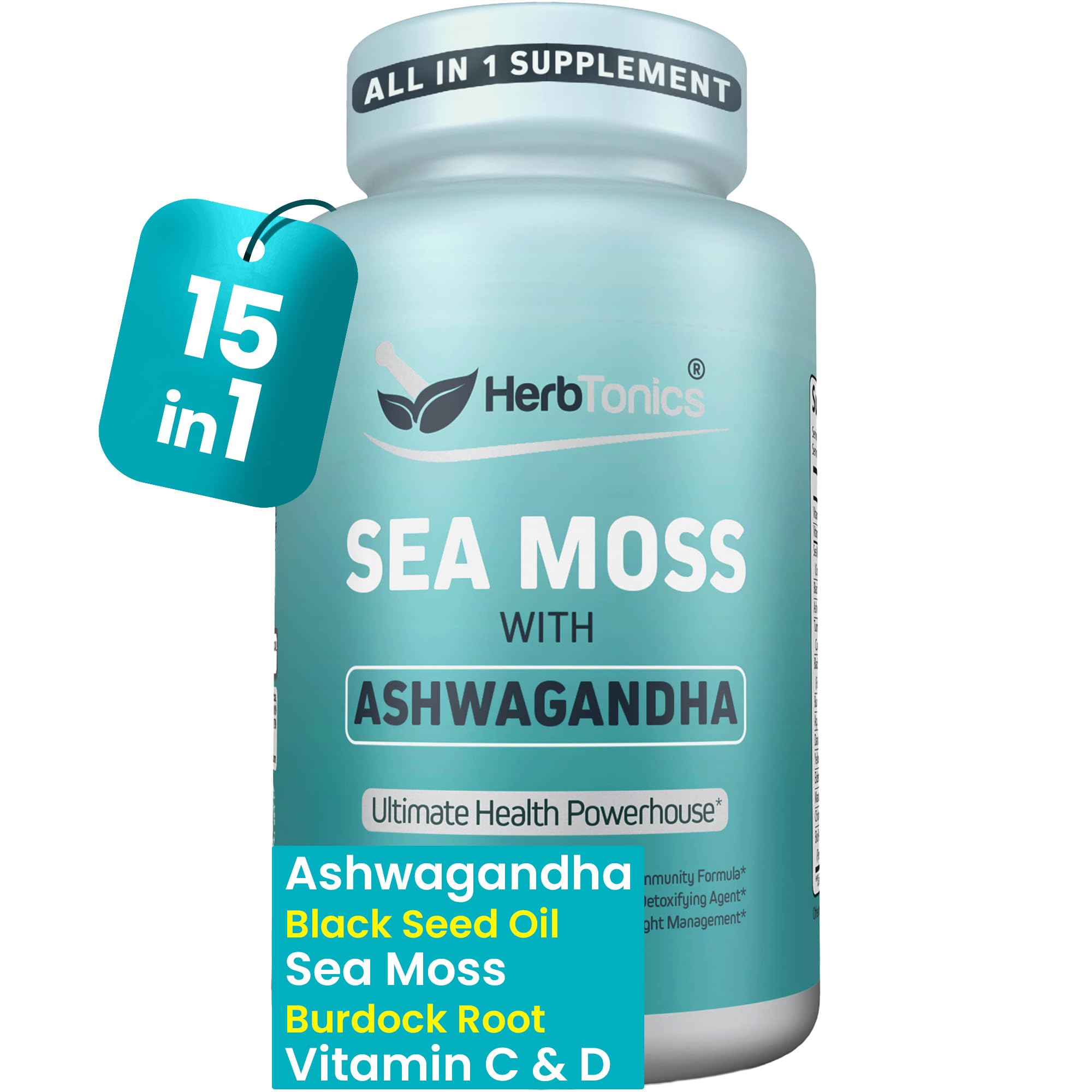 Herbtonics Sea Moss, Black Cumin Seed, Ashwagandha, Burdock Root & ACV Complex | Manage Immunity, Stress & Digestion Support | 60 Capsules (2 Capsules Per Serving) Herbtonics Au supplements