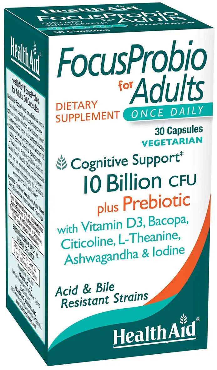 FocusProbio for Adults – 10 Billion CFU Probiotic with Prebiotic, Bacopa, Citicoline, L‑Theanine, Ashwagandha & Vitamin D₃ | Supports Focus, Mood & Gut-Brain Balance – Vegetarian, Once Daily HealthAid Au supplements