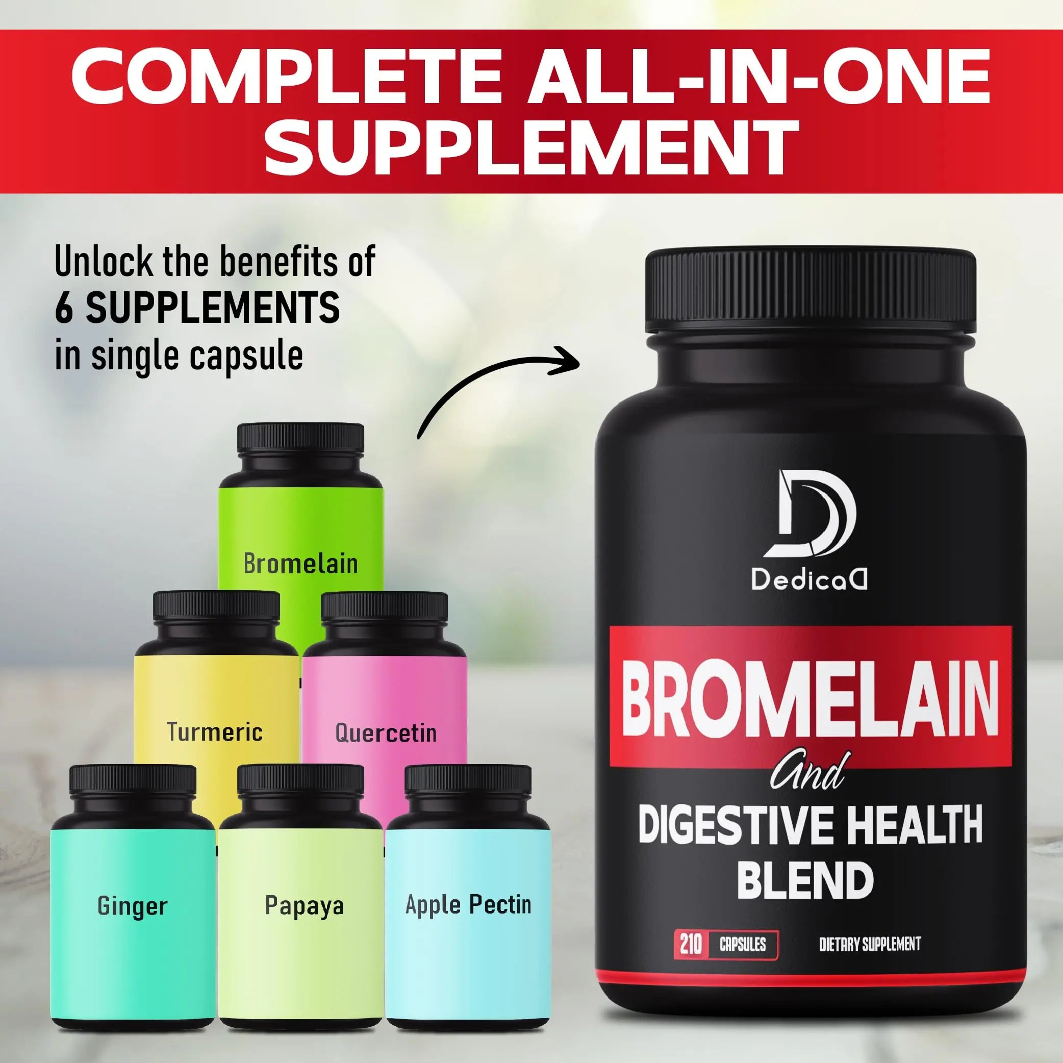 DEDICAD 6in1 Bromelain 500mg Supplement - 1000mg per Serving - 210 Capsules with Digestive Health Blend as Quercetin, Ginger, Turmeric, Papaya - Support Overall Health, Digestion & Immune System DEDICAD Au supplements
