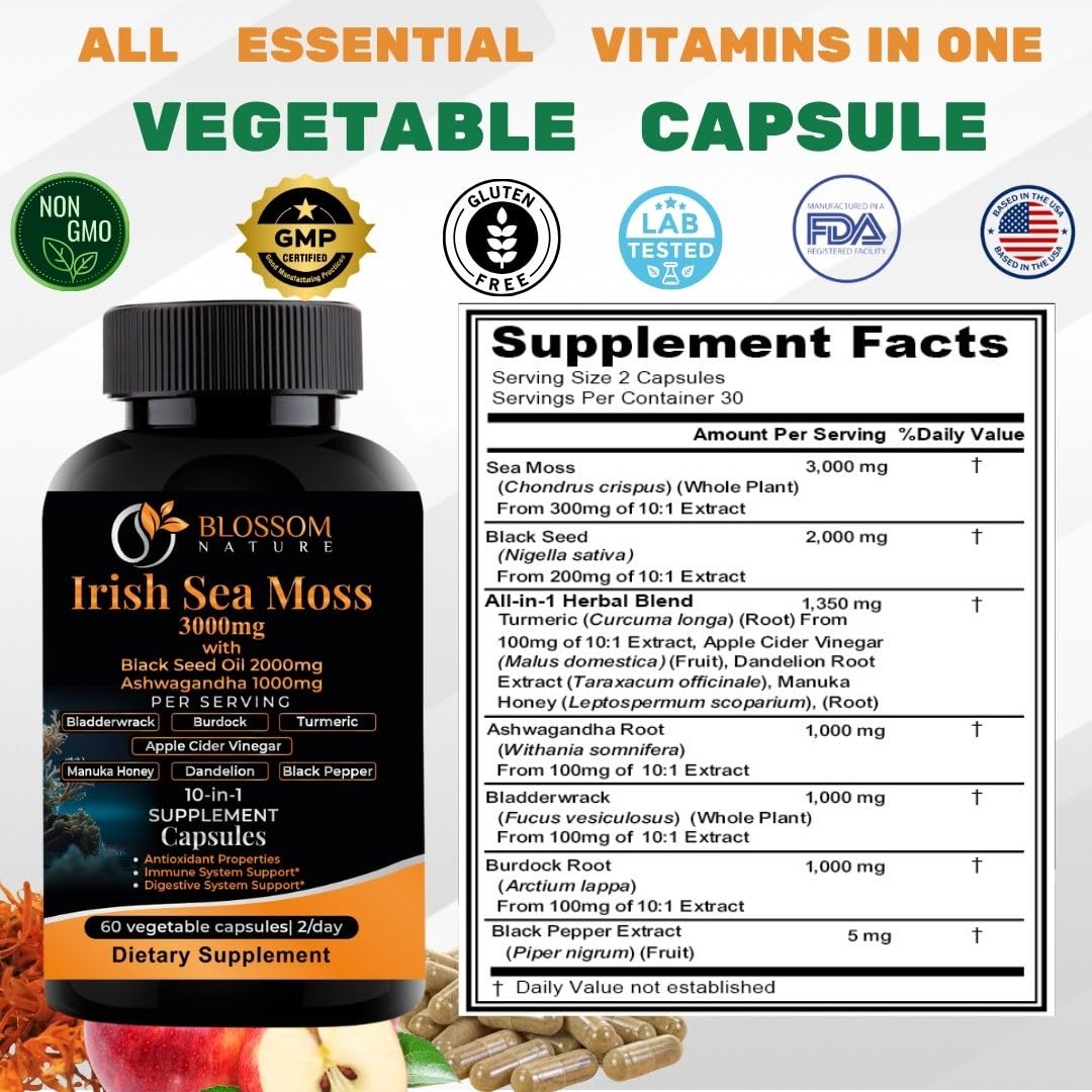 10-in-1 Irish Sea Moss Veggie Caps 3000mg Black Seed Oil Ashwagandha Bladderwrack Burdock Turmeric Apple Cider Vinegar Manuka Honey Dandelion Black Pepper - Made in US(Veggie Caps, Unflavored) Blossom Nature Au supplements