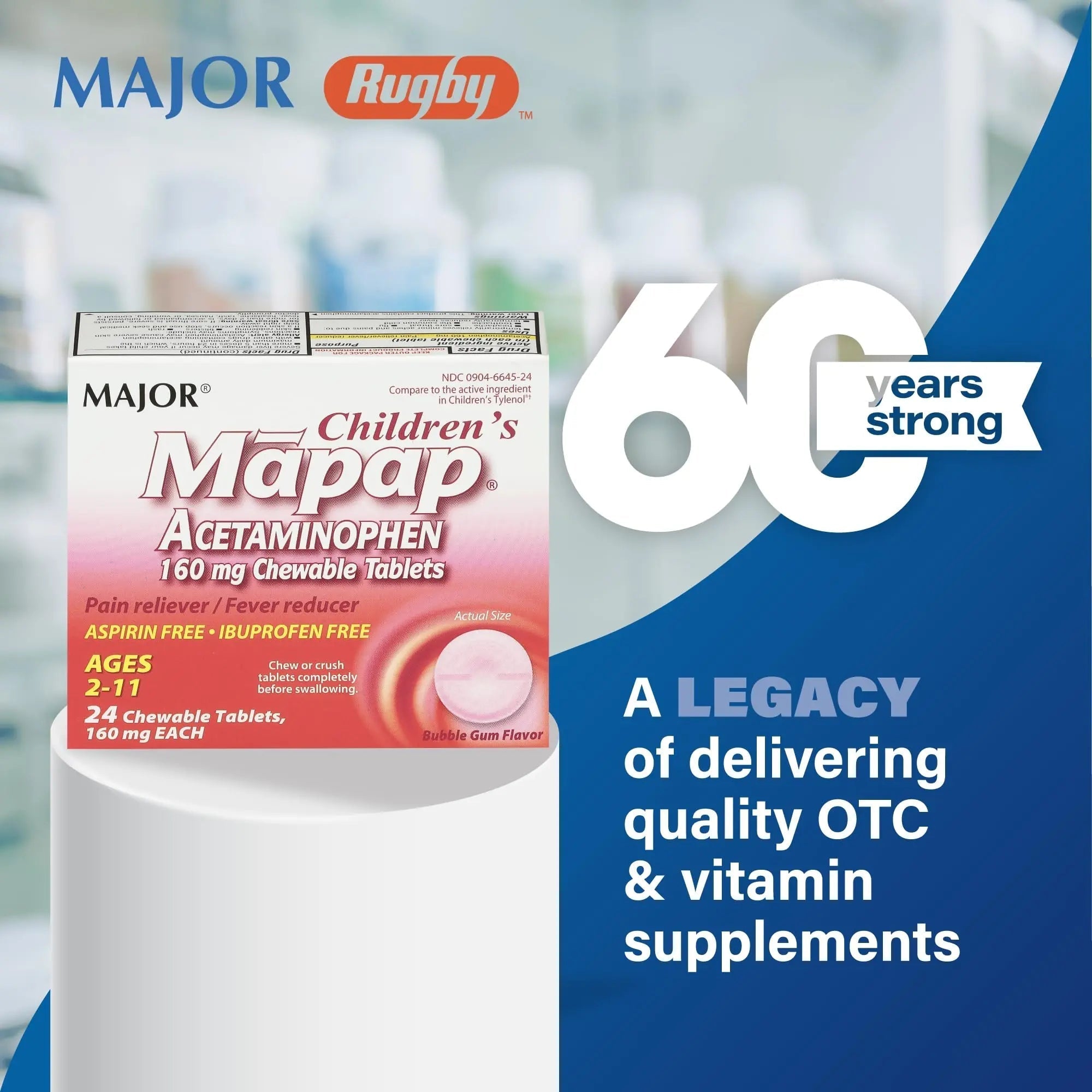 MAJOR Children’s Mapap Acetaminophen 160 mg Chewable Tablets - Pain Reliever/Fever Reducer - Aspirin Free - Ibuprofen Free - for Ages 2 to 11-24 Count (3 Pack) MAJOR Au supplements