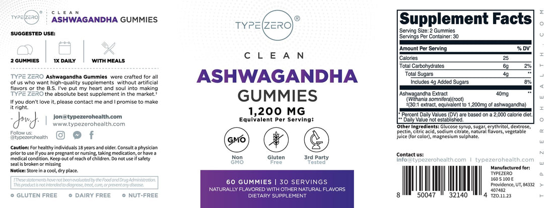 Type Zero Ashwagandha Gummies 60 Gummies for 30 Servings Per Bottle - Ashwagandha Herbal Extract Supplement, Gluten Free, GMO Free Type Zero Au supplements