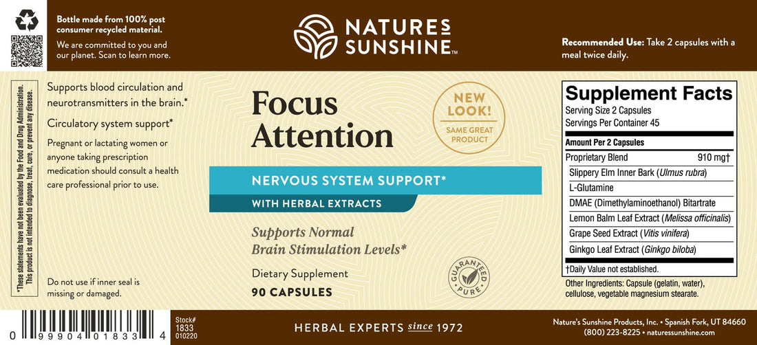 Nature's Sunshine Focus Attention, 90 Capsules, Provides Nutrients That Help Maintain Normal Brain-Stimulation Levels While Supporting Blood Circulation and Neurotransmitter Levels in The Brain Nature's Sunshine Au supplements