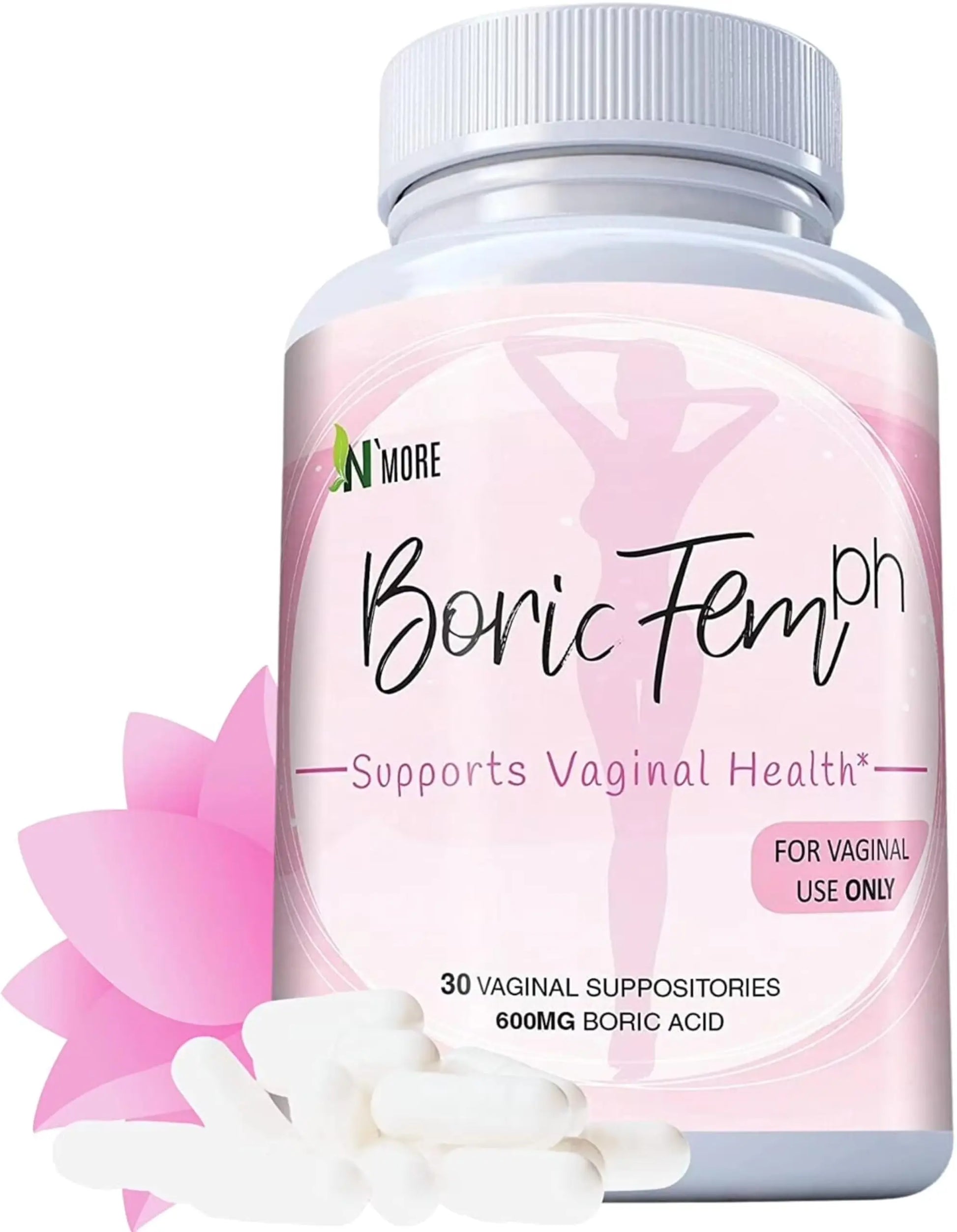 N'More Boric Acid Vaginal Suppositories- 100% Pure - Made in USA- Boricfem Vaginal Health Supplement- 30 Servings (Pack of 1) N'More Au supplements