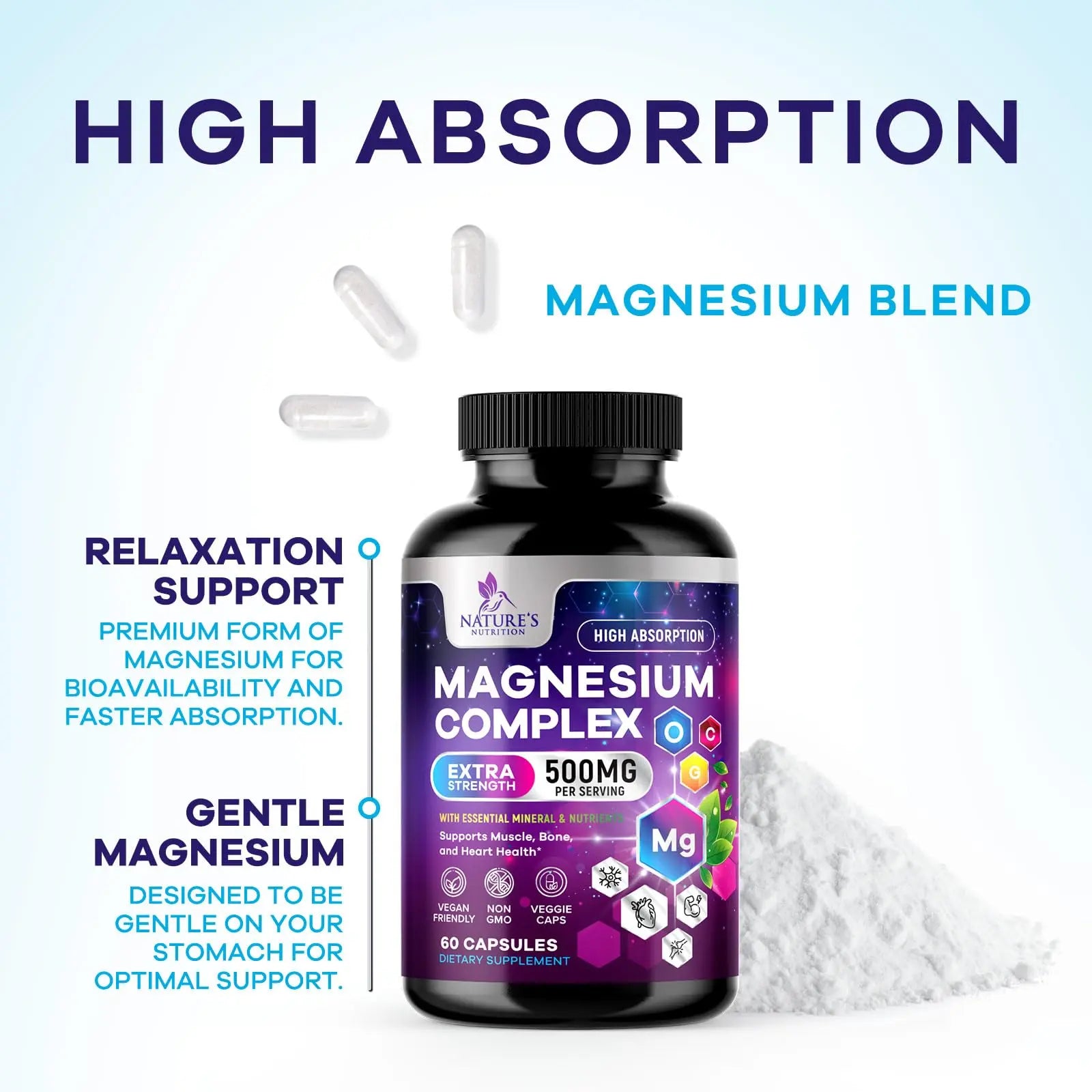 Magnesium Complex Supplement - Magnesium 500 mg Per Serving - 4 in 1 High Absorption Blend - 100% Chelated Magnesium Glycinate with Malate, Citrate & Oxide - Vegan Complex - USA Bottled - 60 Capsules Nature's Nutrition Au supplements