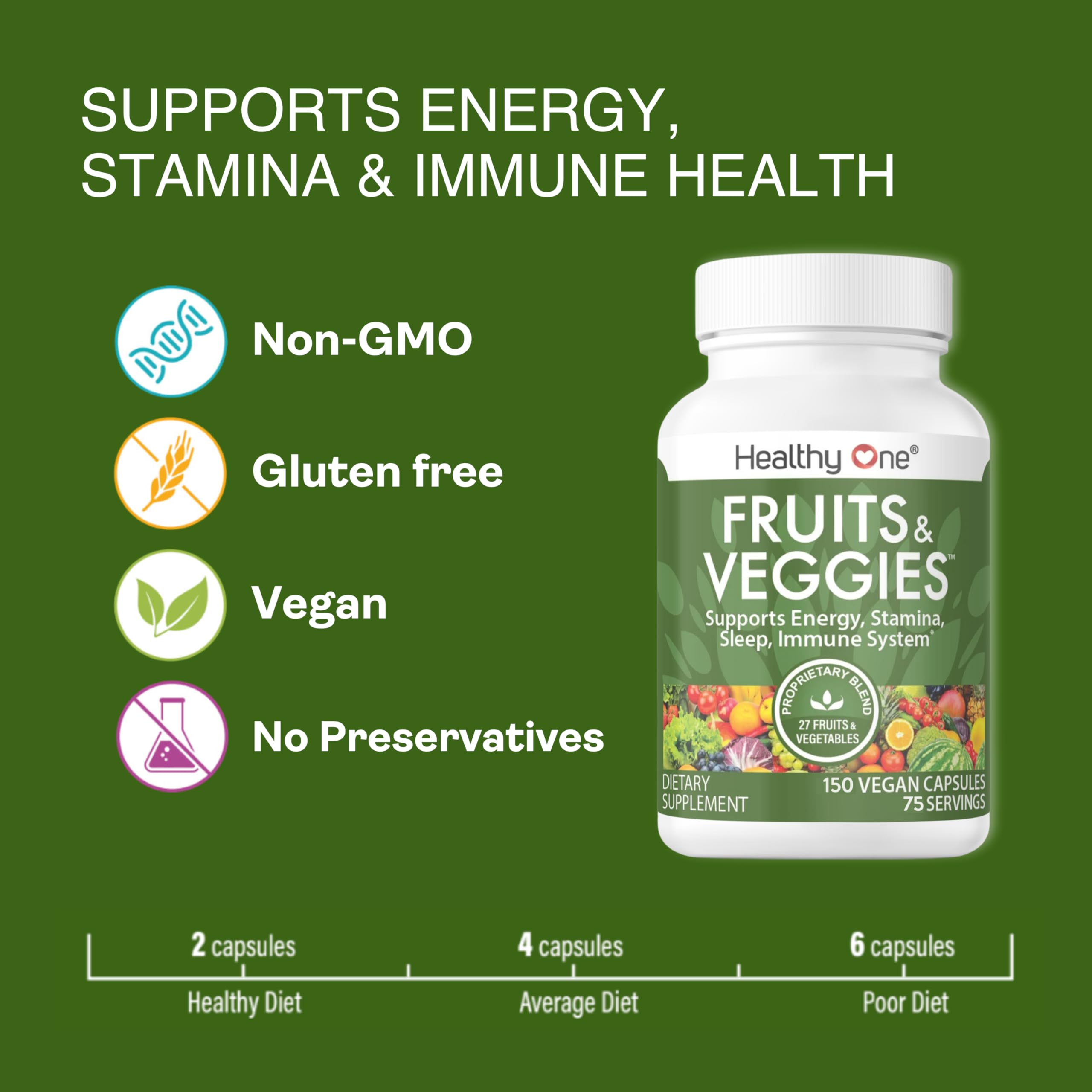 Fruits & Veggies Formula - 27 Premium Whole Foods - Organic Ingredients - Equals 3 Servings of Fruits & Vegetables - Improve Energy, Focus & Immune Function - Fiber - Antioxidants - 150ct (75 Serv) Healthy One Au supplements
