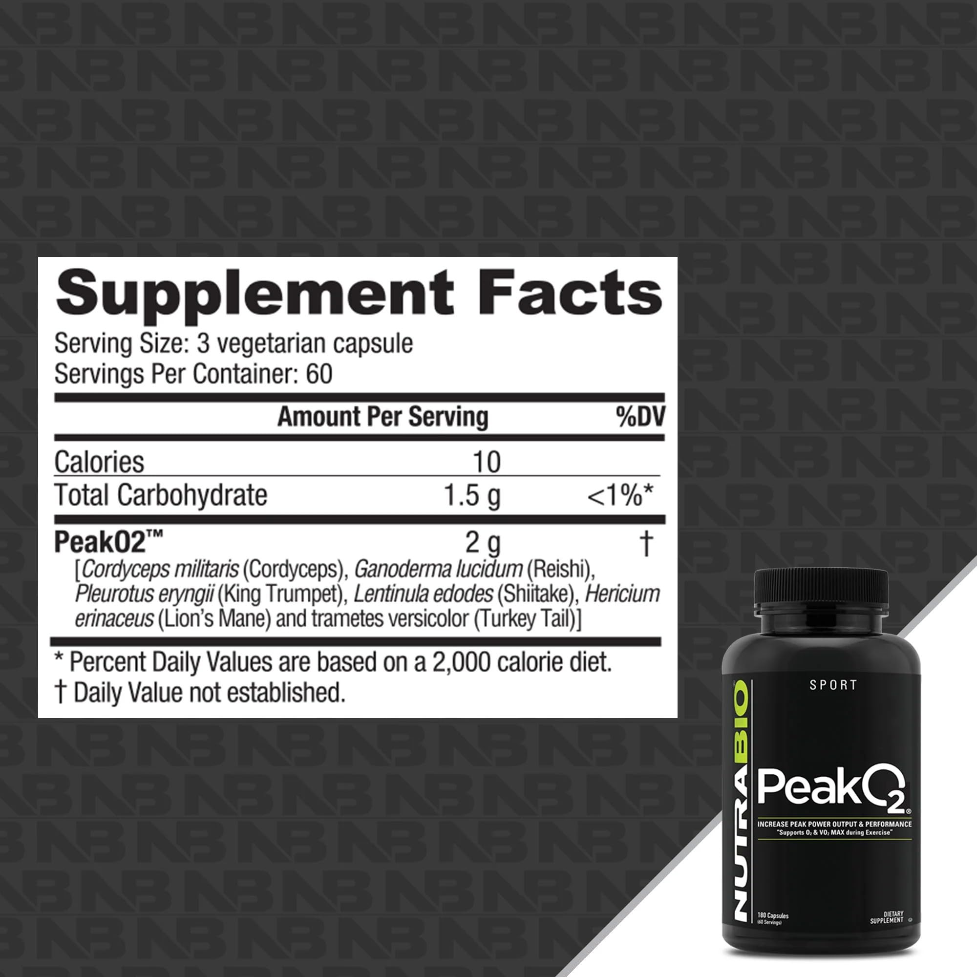 NutraBio PeakO2 Workout Supplement, 180 Capsules - Mushroom Blend Supplement to Help Enhance Athletic Performance and Overall Health, 60 Servings NutraBio Au supplements