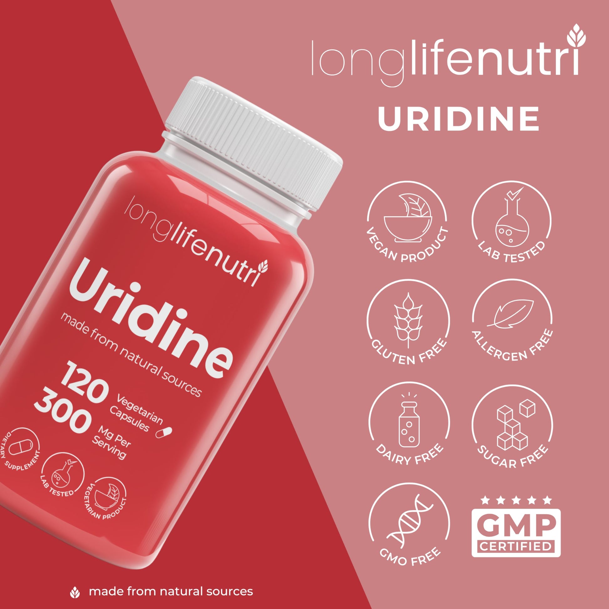 LongLifeNutri Uridine Monophosphate 300mg – Choline Precursor & Synaptic Function, Nootropic for Focus & Mental Performance, 120 Vegetarian Capsules, 4-Month Supply, GMP Certified, Made in USA LongLifeNutri Au supplements