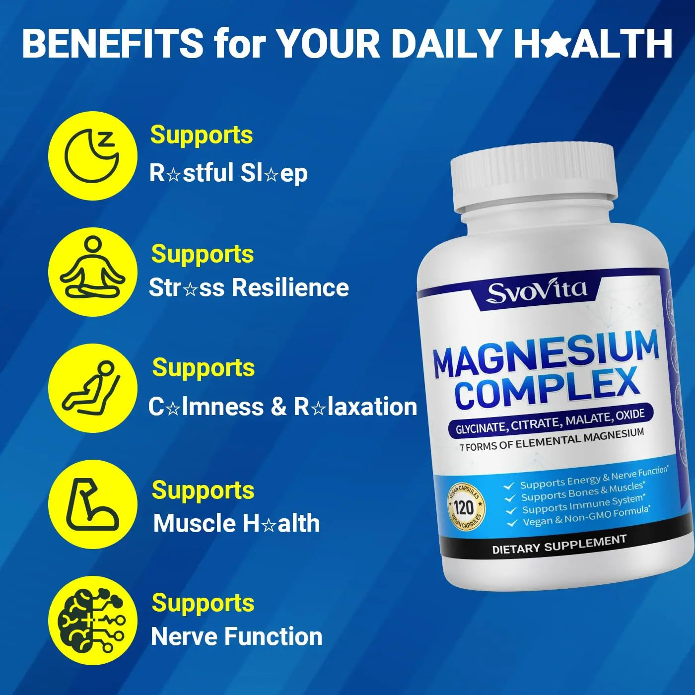 Magnesium Complex Supplement with 7 Forms of Magnesium Glycinate, Malate, Citrate & More, High Absorption for Bones, Muscle, Recovery, Energy, Vegan Non-GMO 120 Capsules Svovita Au supplements