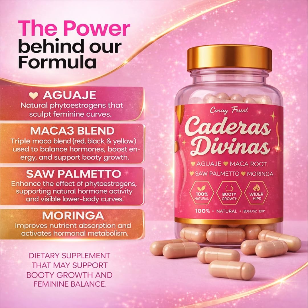 Caderas Divinas : Bigger Booty & Wider Hips – Aguaje + Maca Pills with Moringa & Saw Palmetto – 4 Super Ingredients for Natural Curve Growth – by CurvyFruit – 60 Capsules Curvy Fruit Au supplements