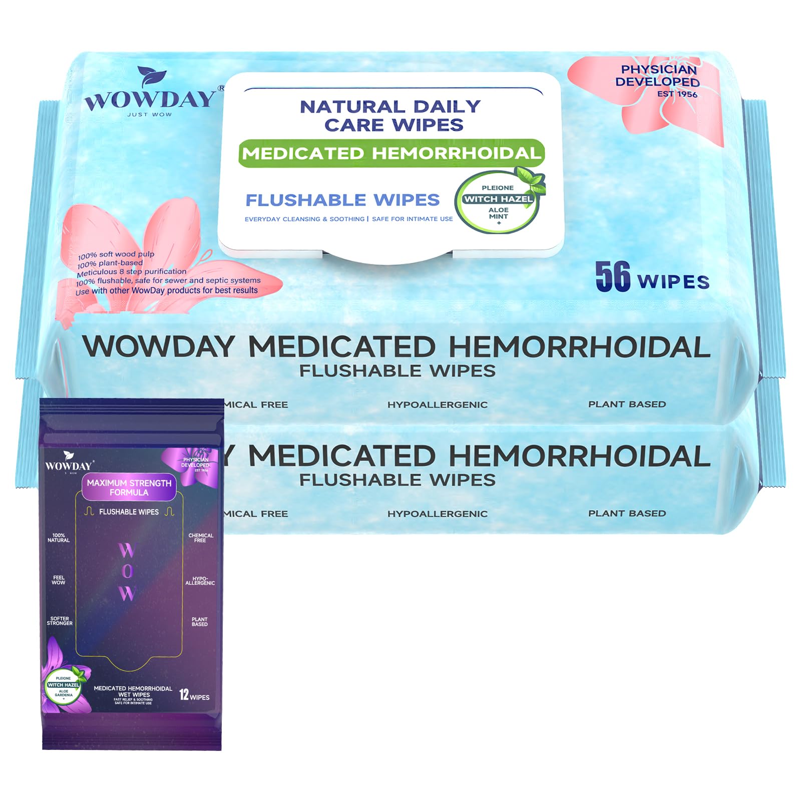 Wowday Flushable Hemorrhoid Wipes | Medicated Witch Hazel Wipes Ph Balanced | 112 Count Natural Fragrance Free Adult Hemorrhoids Witch Hazel Wipe for Butt Itch WowDay Au supplements