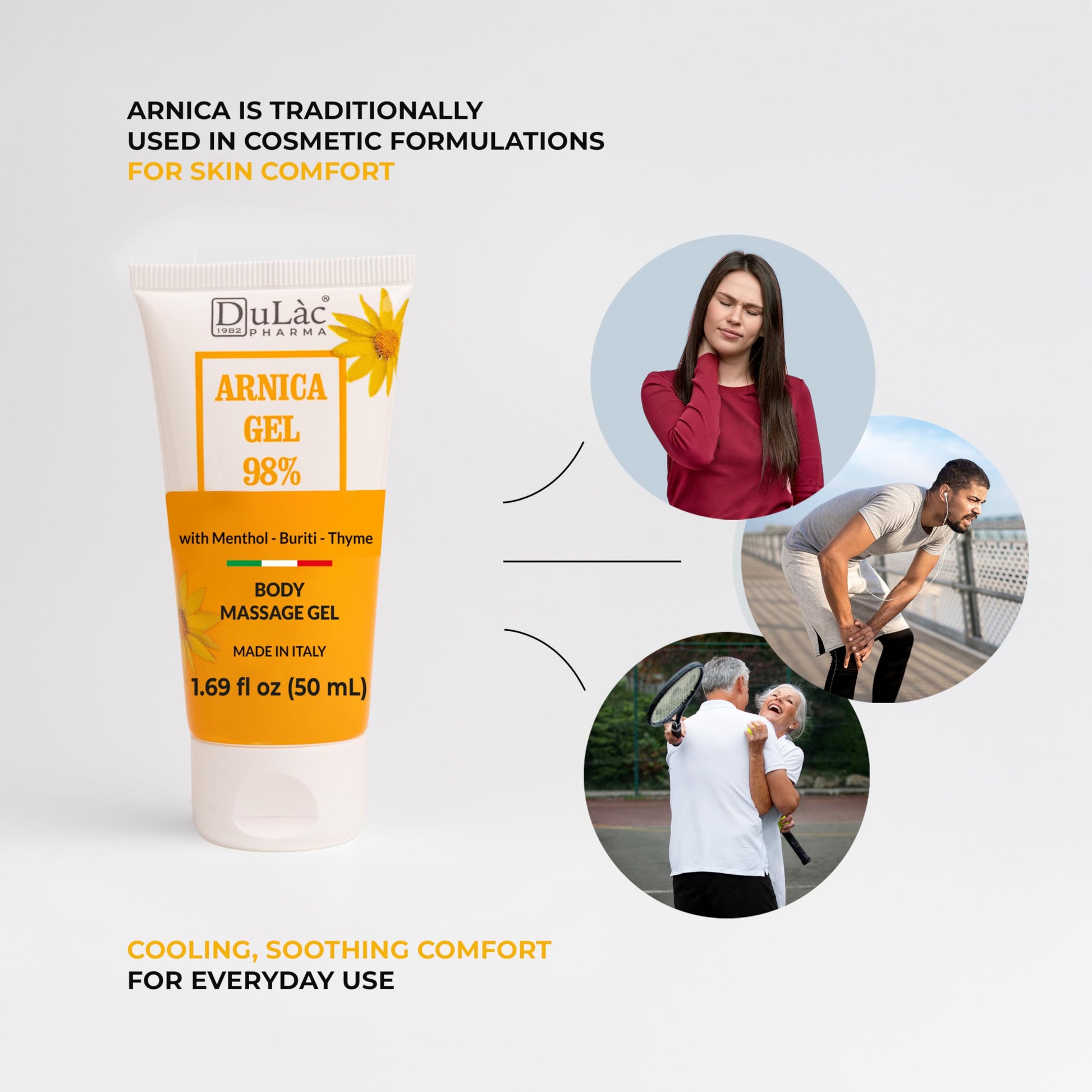 Dulac Arnica Body Massage Gel – Water-Based Cosmetic Massage Gel with Arnica Montana, Fast-Absorbing Lightweight Texture, Non-Greasy Feel, Dermatologically Tested, 1.7 Fl Oz DULÀC FARMACEUTICI 1982 Au supplements