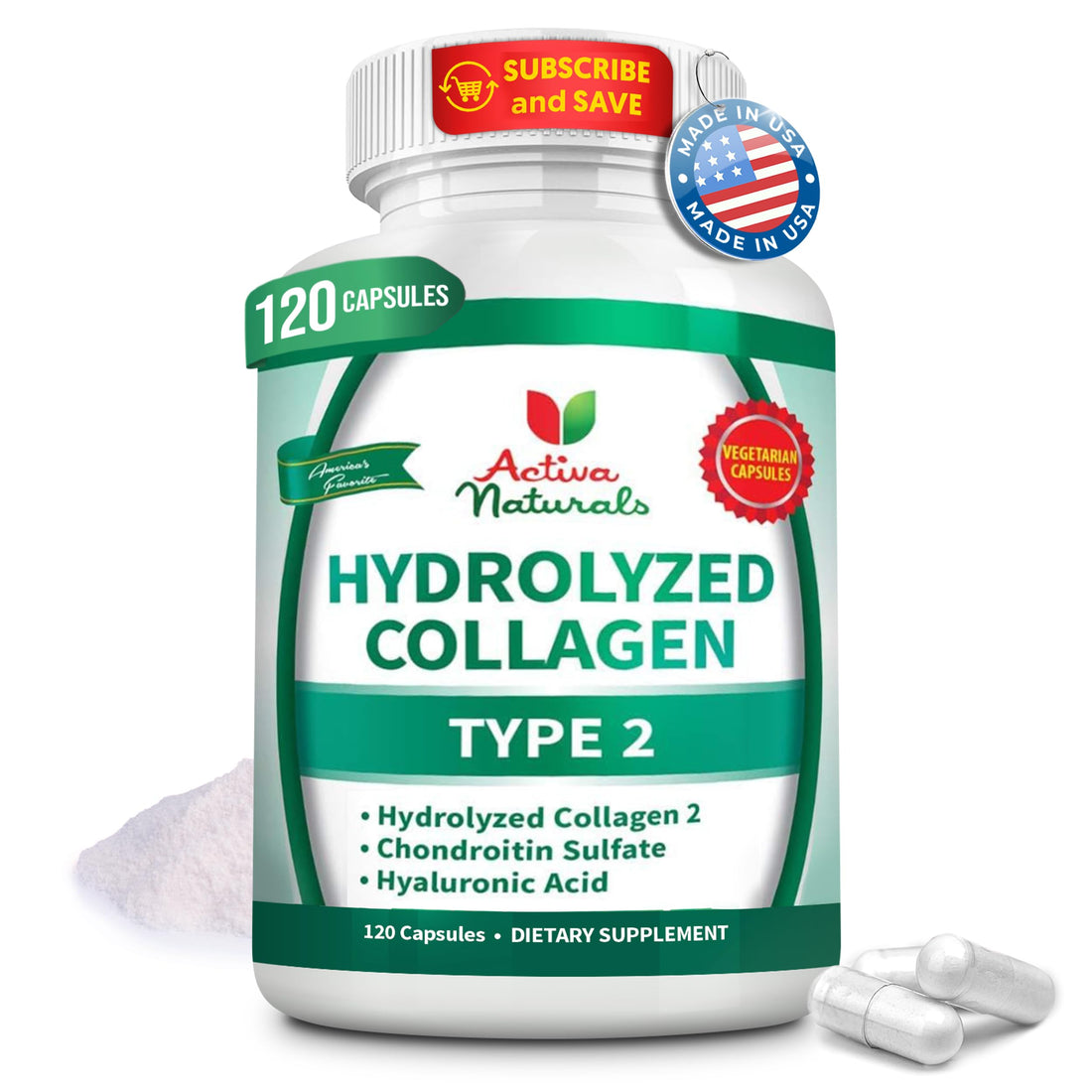 Activa Naturals Collagen Type 2 Hydrolyzed Supplement with Chondroitin and Hyaluronic, for Healthy Hair, Skin, and Nails, No Fillers, Additives, and No Artificial Colors - 120 Vegetarian Capsules Activa Naturals Au supplements