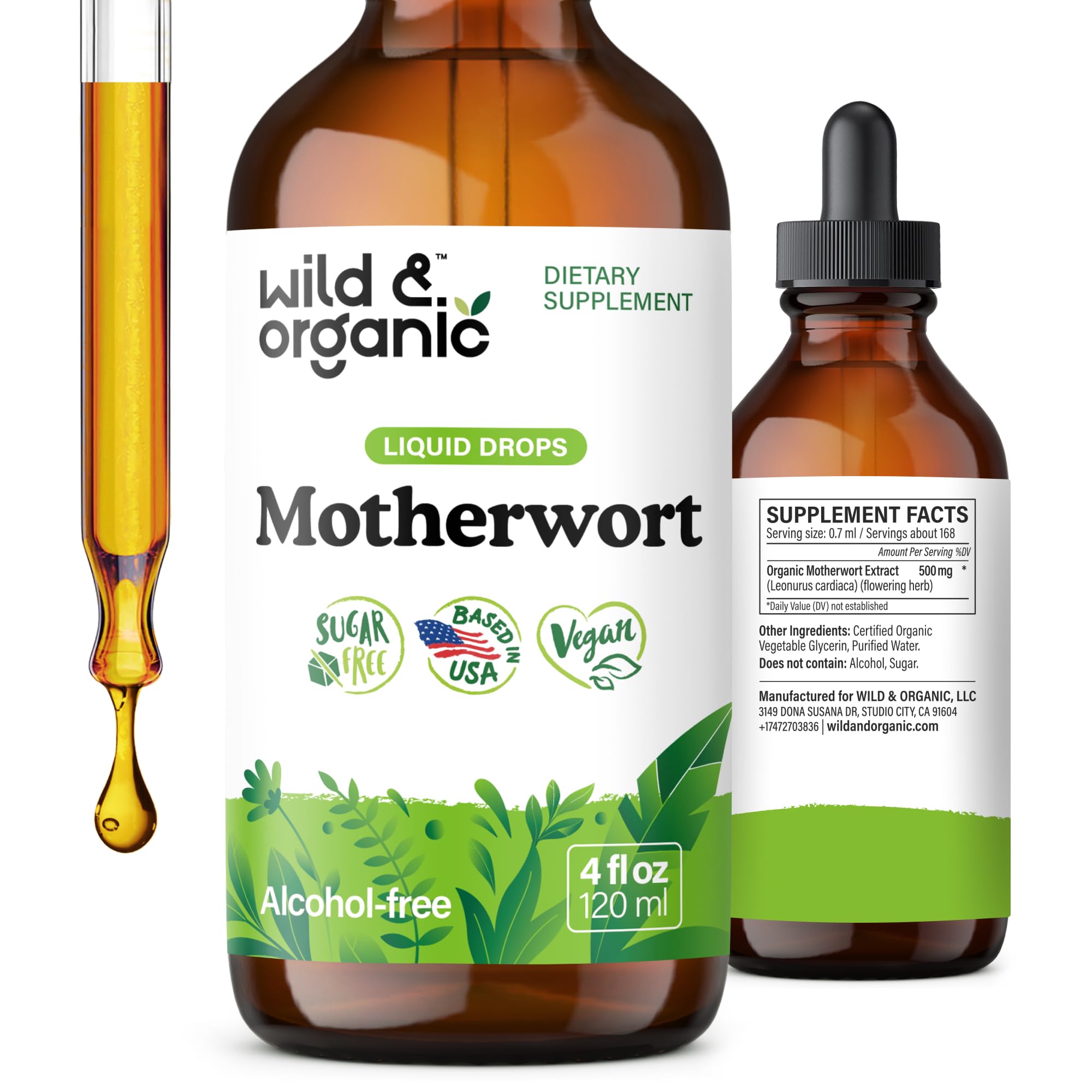 Wild & Organic Motherwort Tincture - Good Mood, Calmness, Overall Support - Supplements for Women with Motherwort Herb - Vegan, Sugar & Alcohol-Free Extract Drops - 4 fl oz Wild & Organic Au supplements