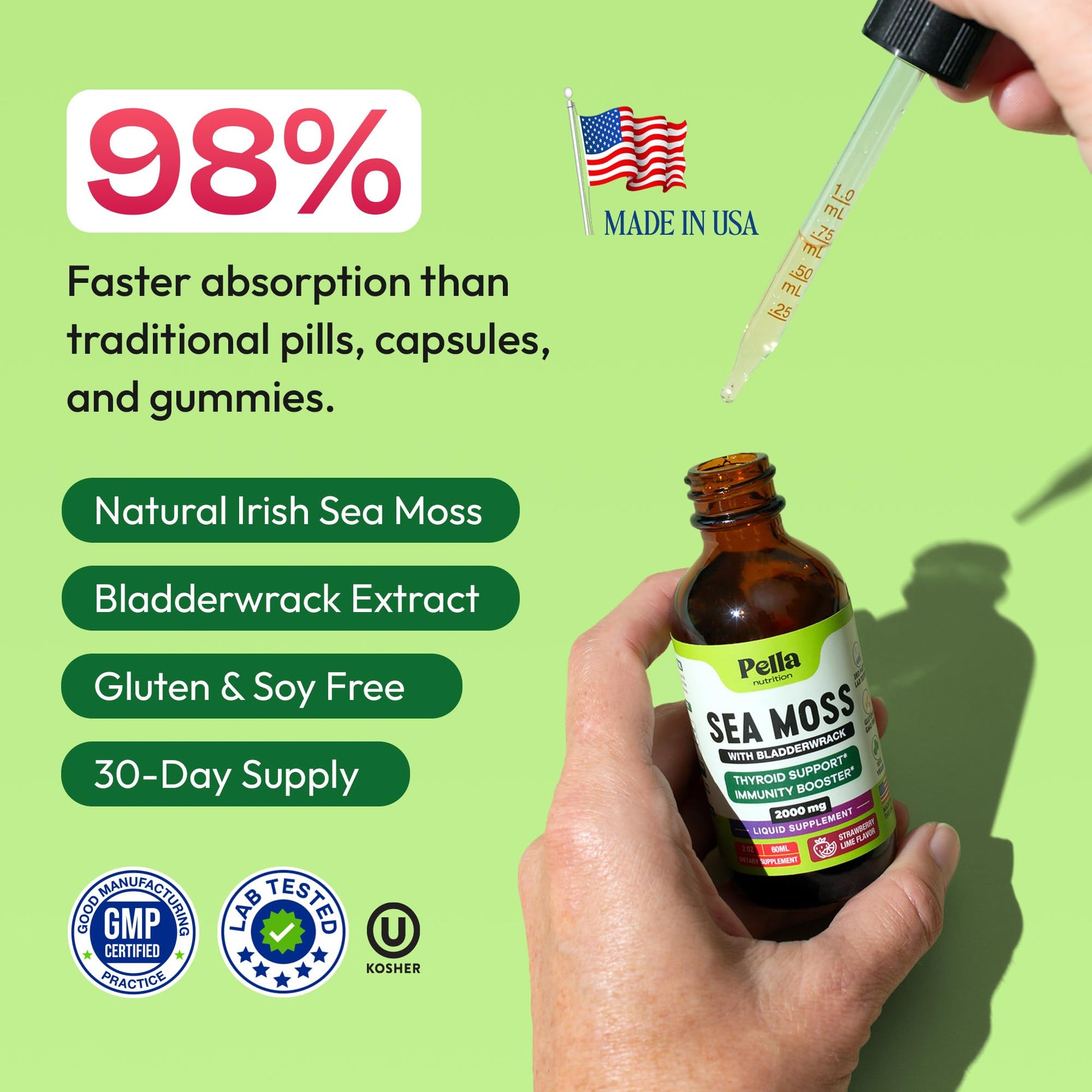 Pella Nutrition Sea Moss Drops with Bladderwrack – 4X Faster Absorption Than Irish Sea Moss Gel Superfood, Gummies, and Capsules – Digestive & Immune Support Supplement (Strawberry Lime, 60mL) Pella Nutrition Au supplements