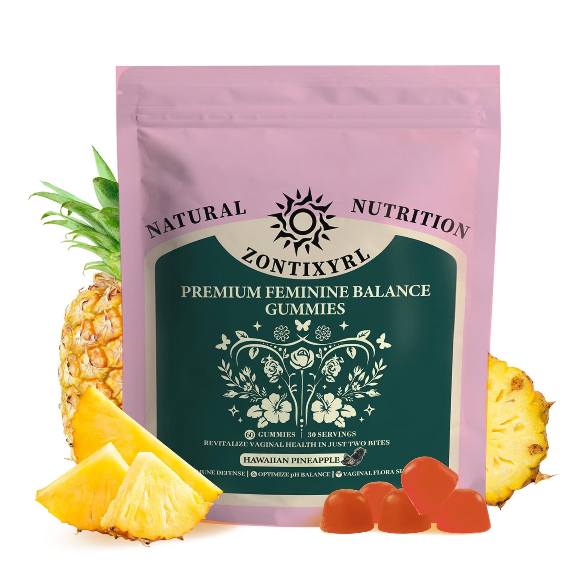 Zontixyrl Premium Feminine Balance Gummies Women - Pineapple Gummies for Women pH Probiotic and Immune Support Vegan Gluten Free 60 Gummies 30 Servings Zontixyrl Au supplements