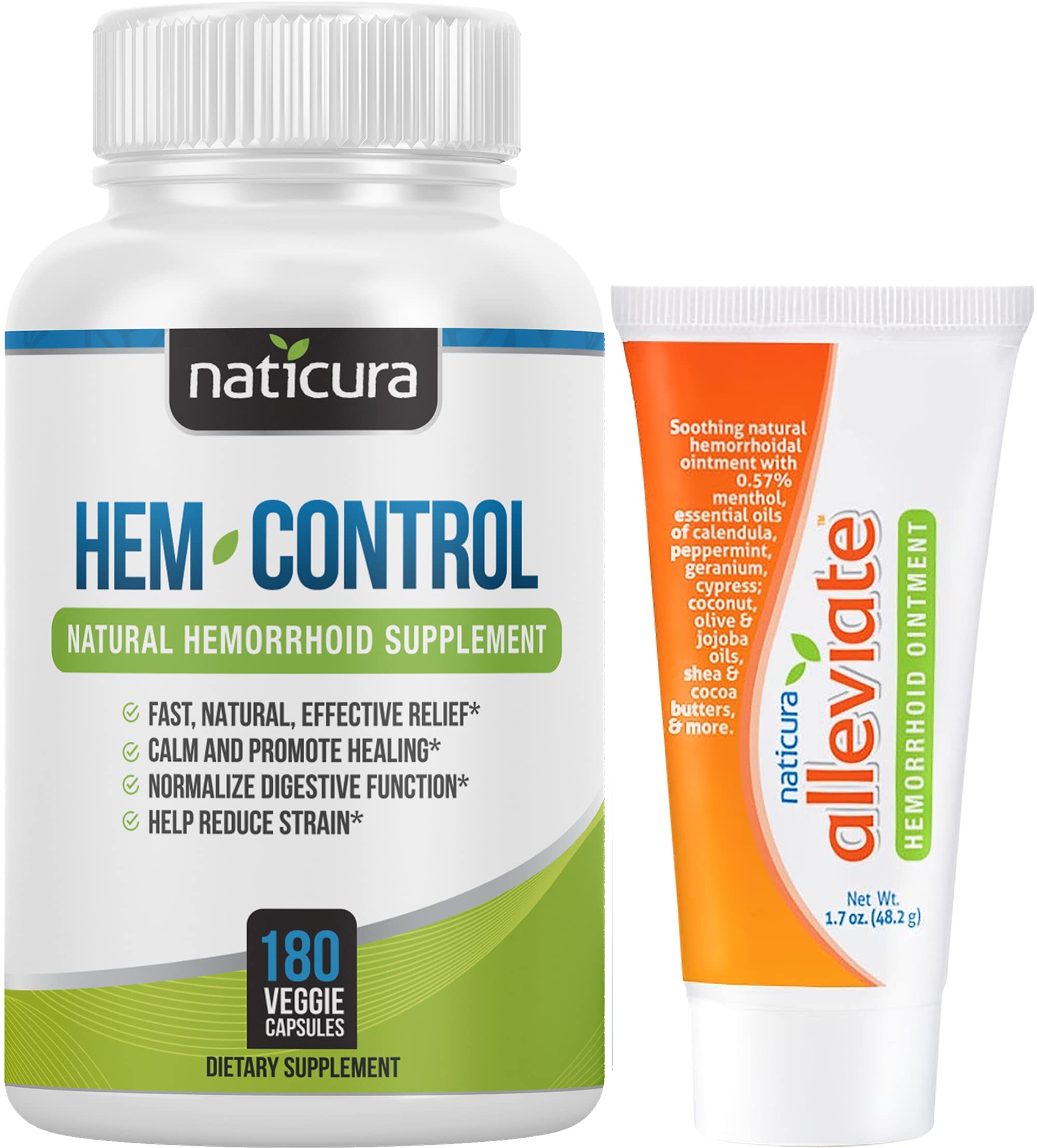 Naticura Bundle - Hem-Control Vegan Digestive Support Supplement (180 Count) and Alleviate Natural Hemorrhoid Relief Cream for Burning, Itching and Swelling (1.7 oz) Plus 2 Travel-Size Tubes Naticura Au supplements