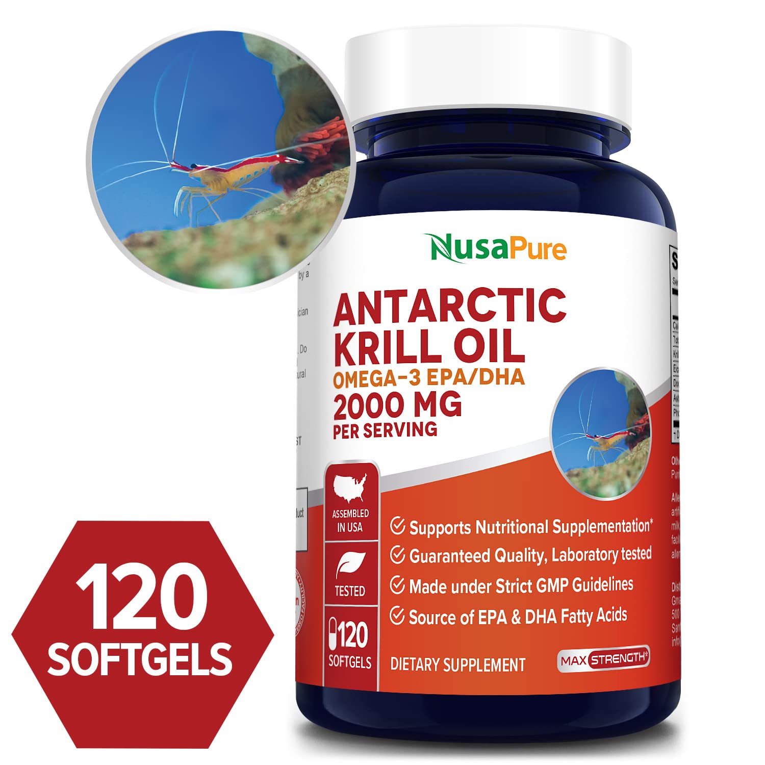 NusaPure Antarctic Krill Oil 2000 mg 120 Softgels, Omega-3 EPA 360mg, DHA 240mg NusaPure Au supplements