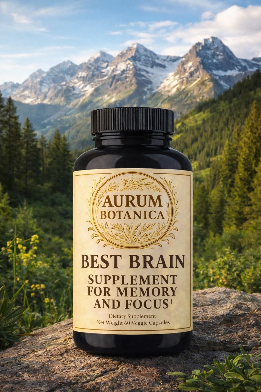 AURUM BOTANICA Best Brain Supplement for Memory and Focus - L-Theanine, Lion's Main, Vitamin B6, B12, D3, Folate, L-Tyrosine, Bacopa Monnieri, Alpha GPC, Theacrine, 30mg of Natural Caffeine (60 Count) AURUM BOTANICA Au supplements