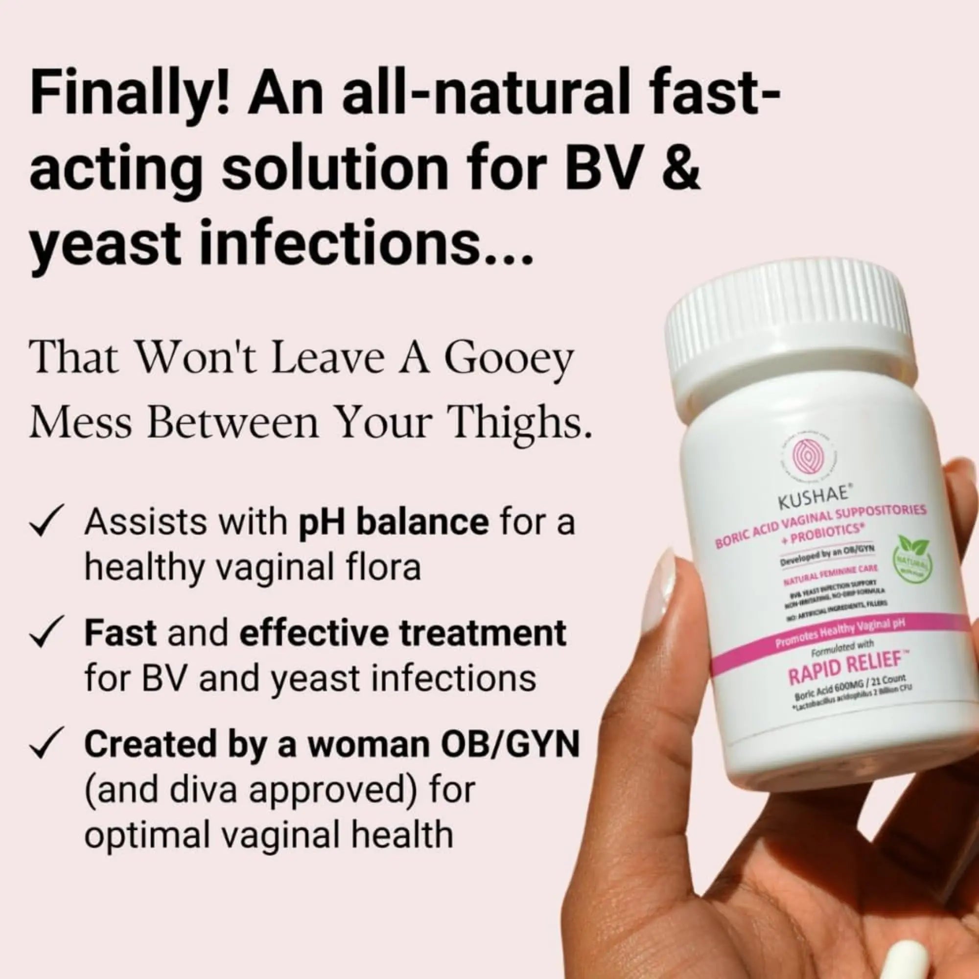Kushae Boric Acid Suppositories + Rapid Relief, All Natural Female Suppositories with Probiotics & Aloe Vera, Relieves Discomfort & Balances pH Level Bottle Only 21 Capsules Kushae Au supplements